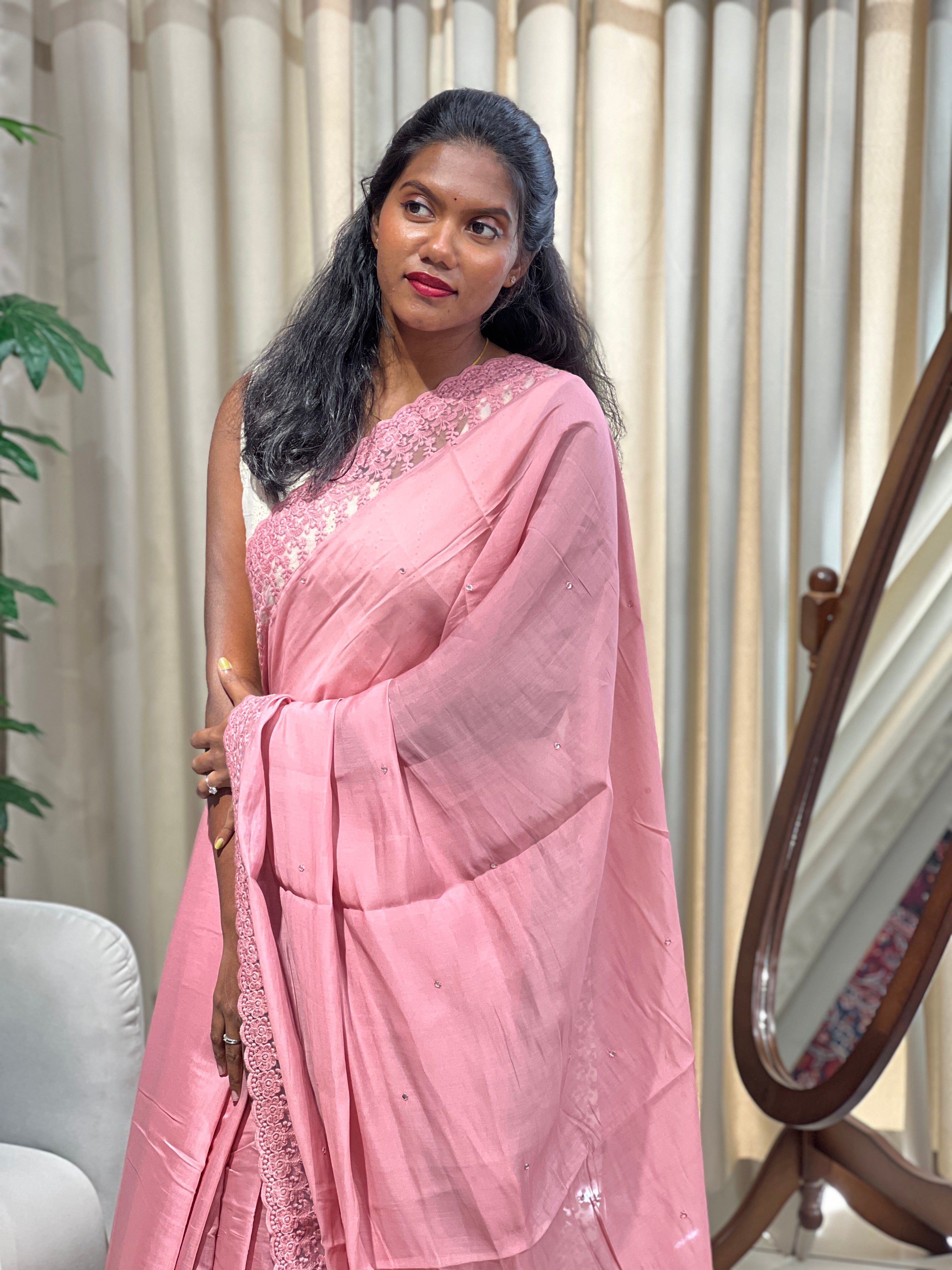 Mirror Work With Lace Detailed Viscose Organza Saree | BLD2128