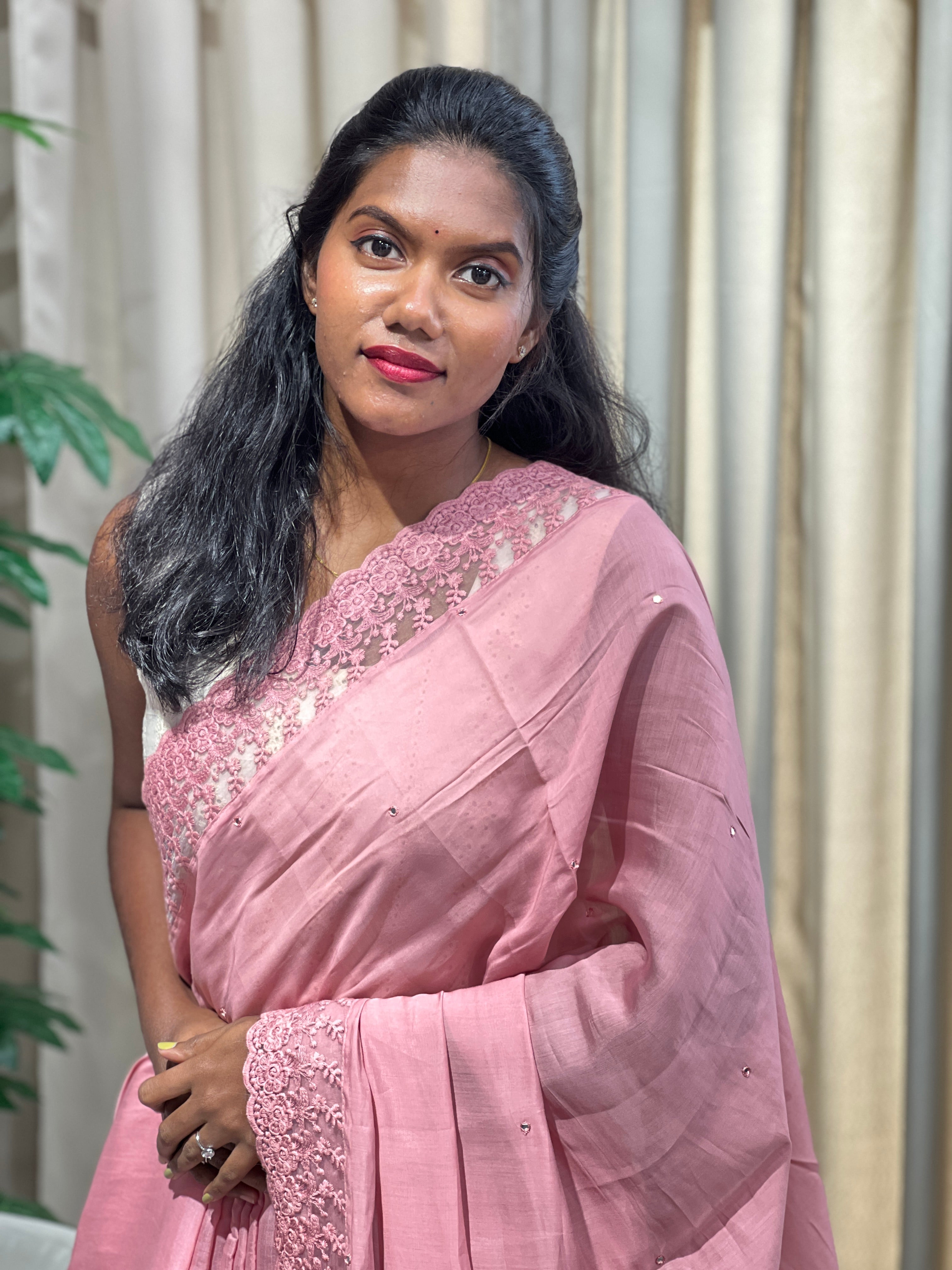 Mirror Work With Lace Detailed Viscose Organza Saree | BLD2128