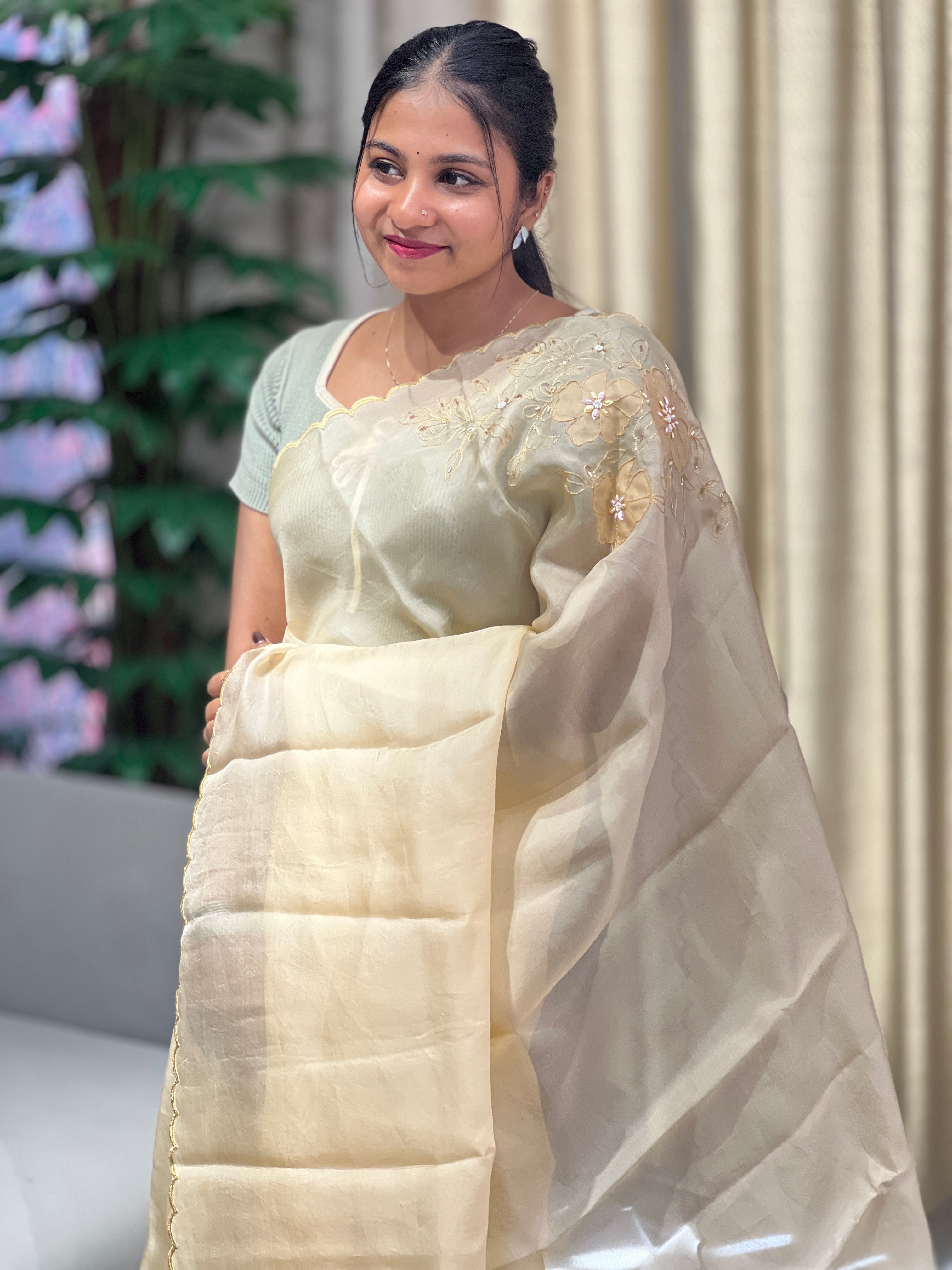 Floral Applique Detailed Pure Organza Saree | DNT1005