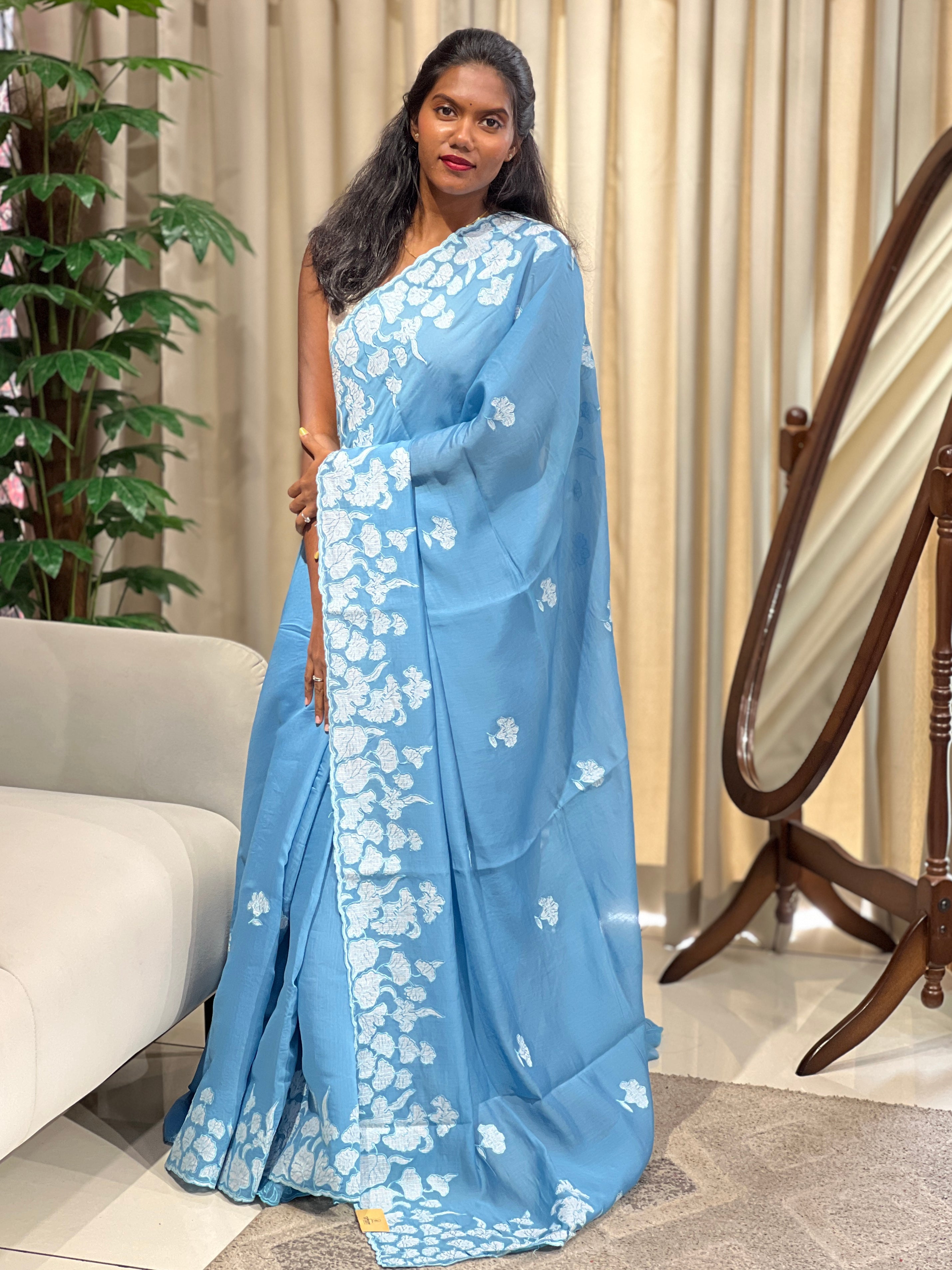 Applique Work Detailed Mul Chanderi Saree | BLD2126