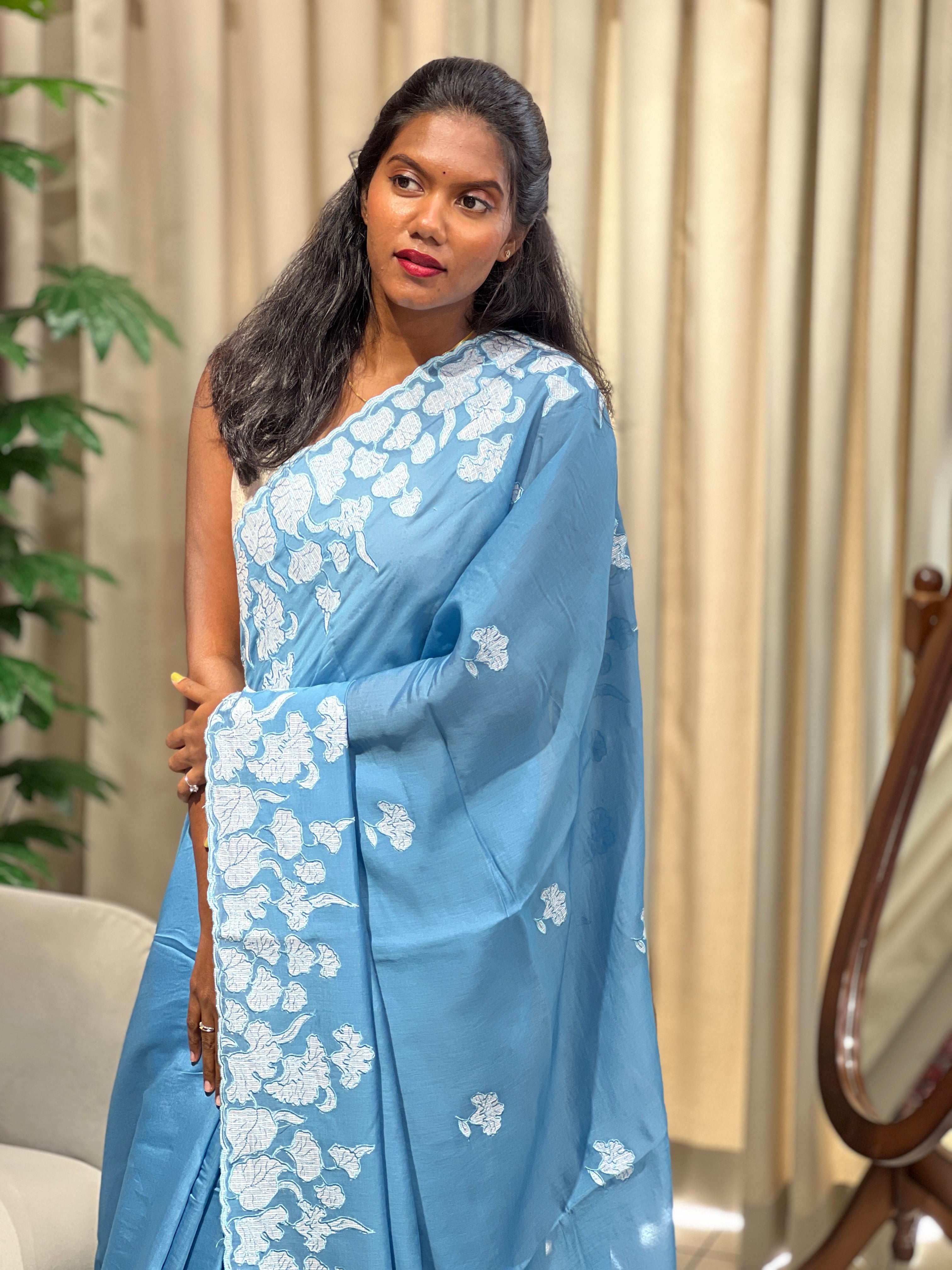 Applique Work Detailed Mul Chanderi Saree | BLD2126