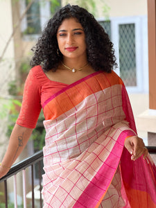 Check Weaving Pattern Linen Saree | SK327