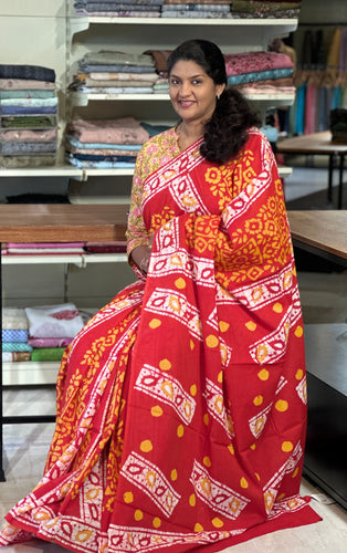 Red Color Batik Printed Mulcotton Saree | VFC459