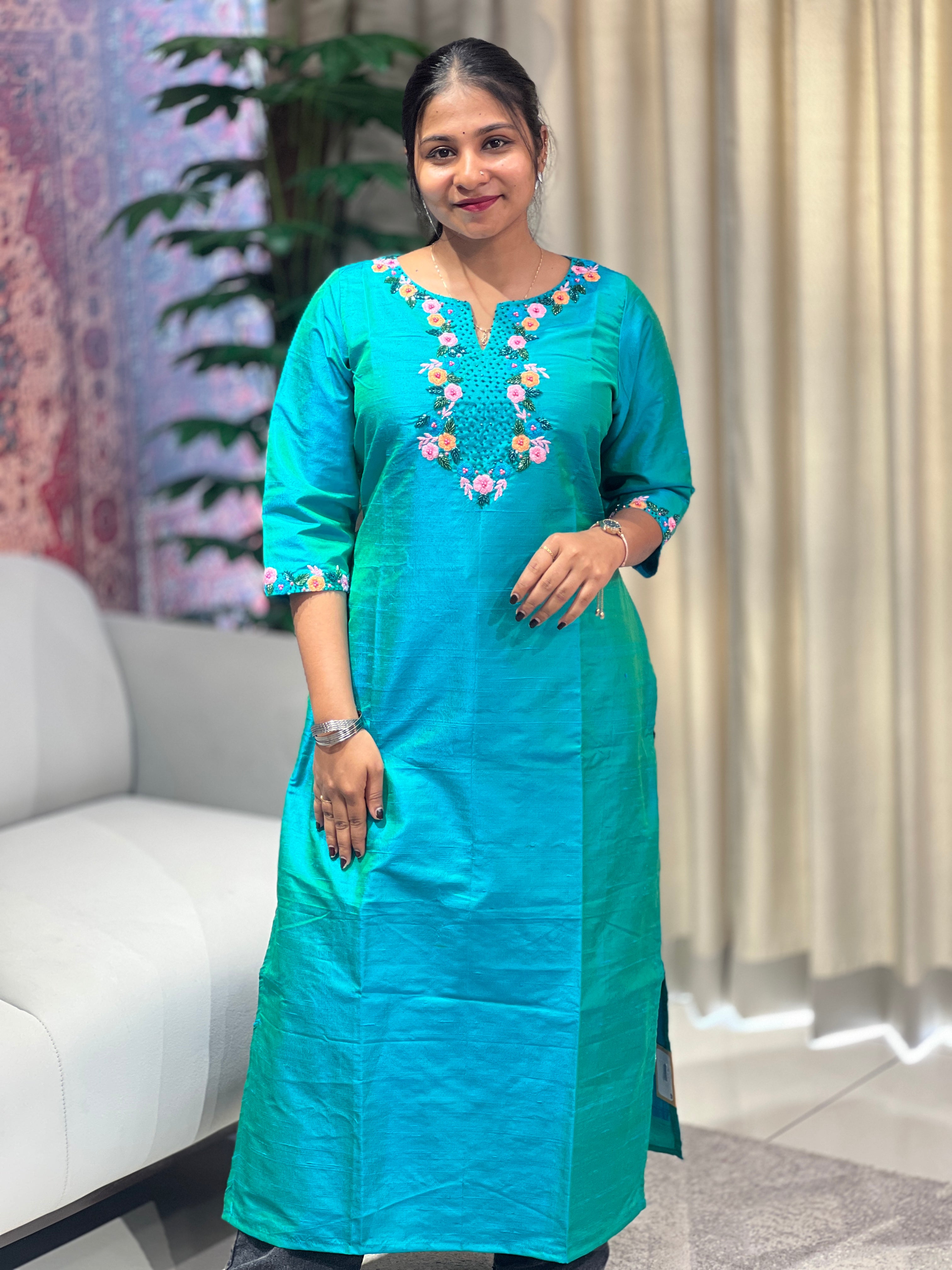 Floral Embroidery  Semi Silk Kurta | DNT966