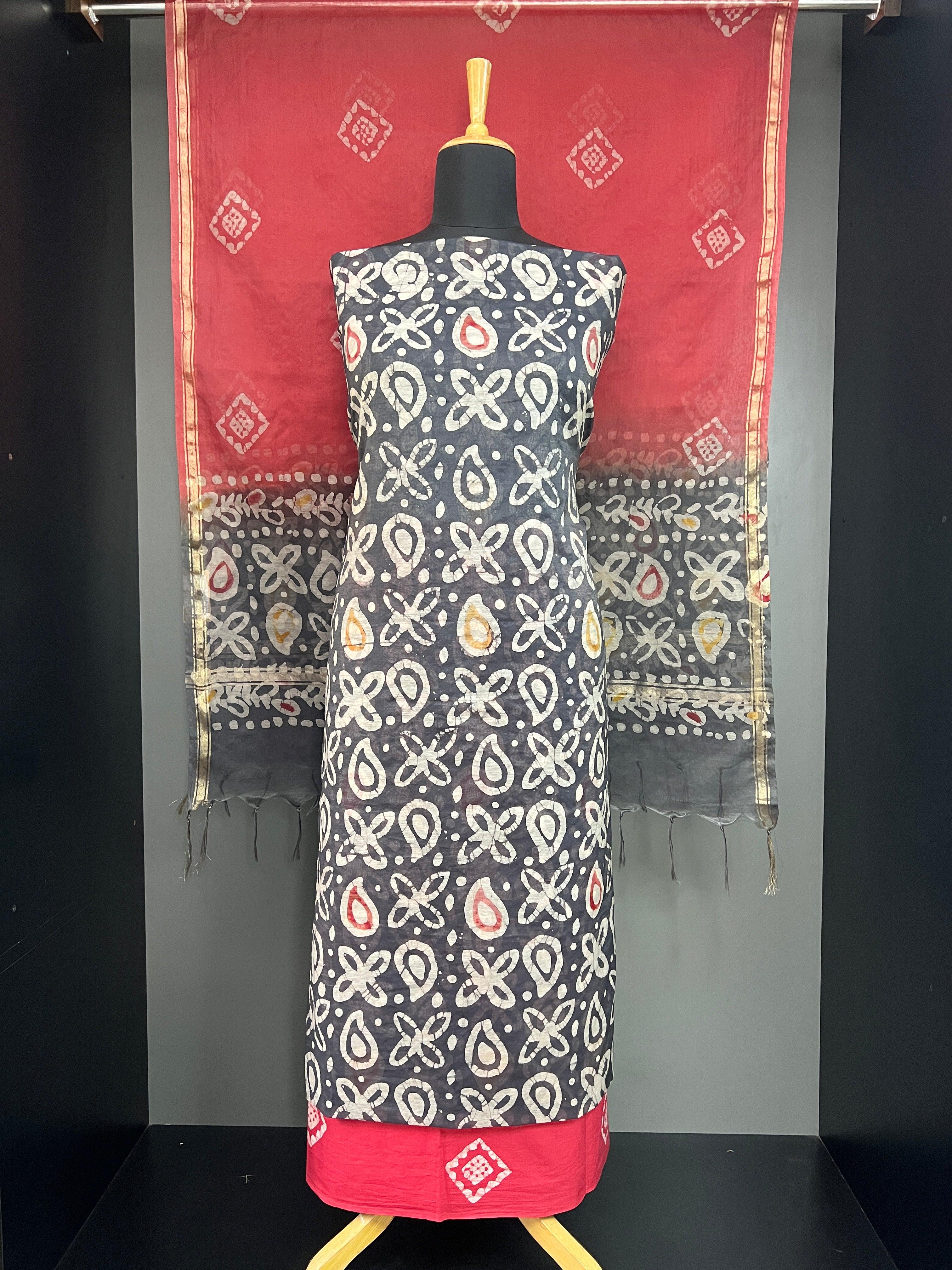 Geometric Floral Hand Block Printered Chanderi Salwar Set |JHF120