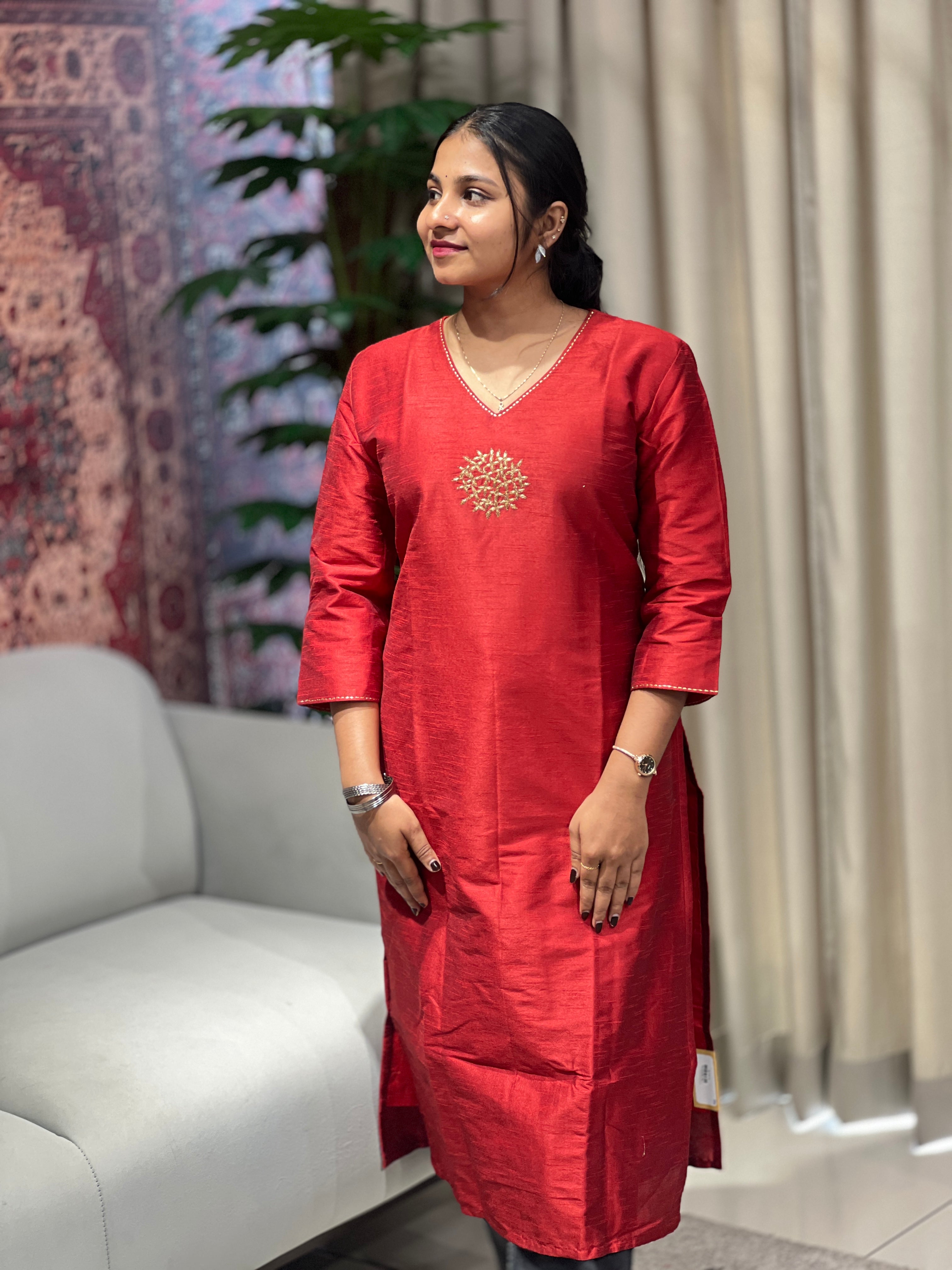 Machine Embroidery Detailing Raw Silk Kurta | DNT973
