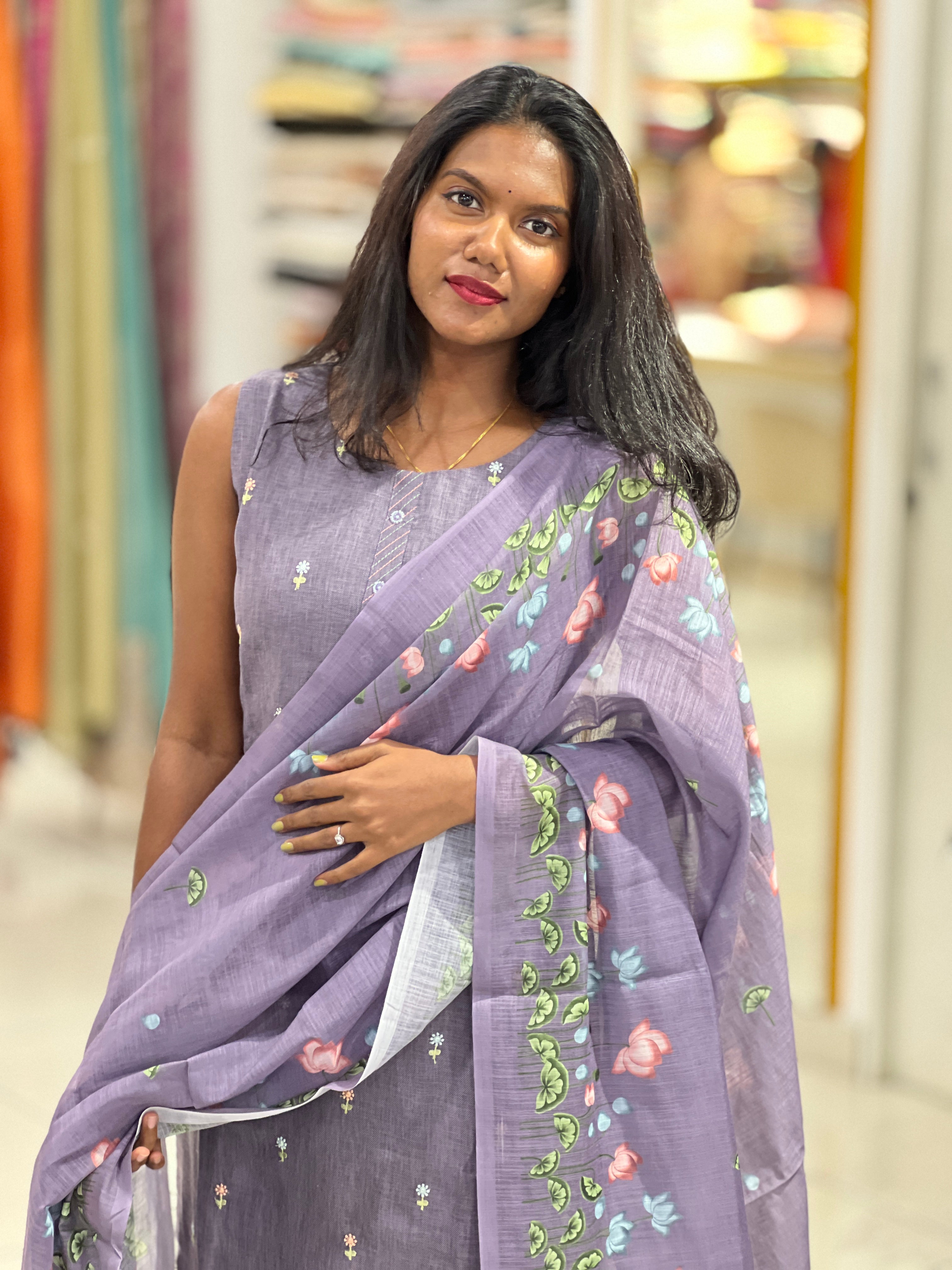 Floral Embroidery Detailed Linen Cotton Kurta Set | NAI150