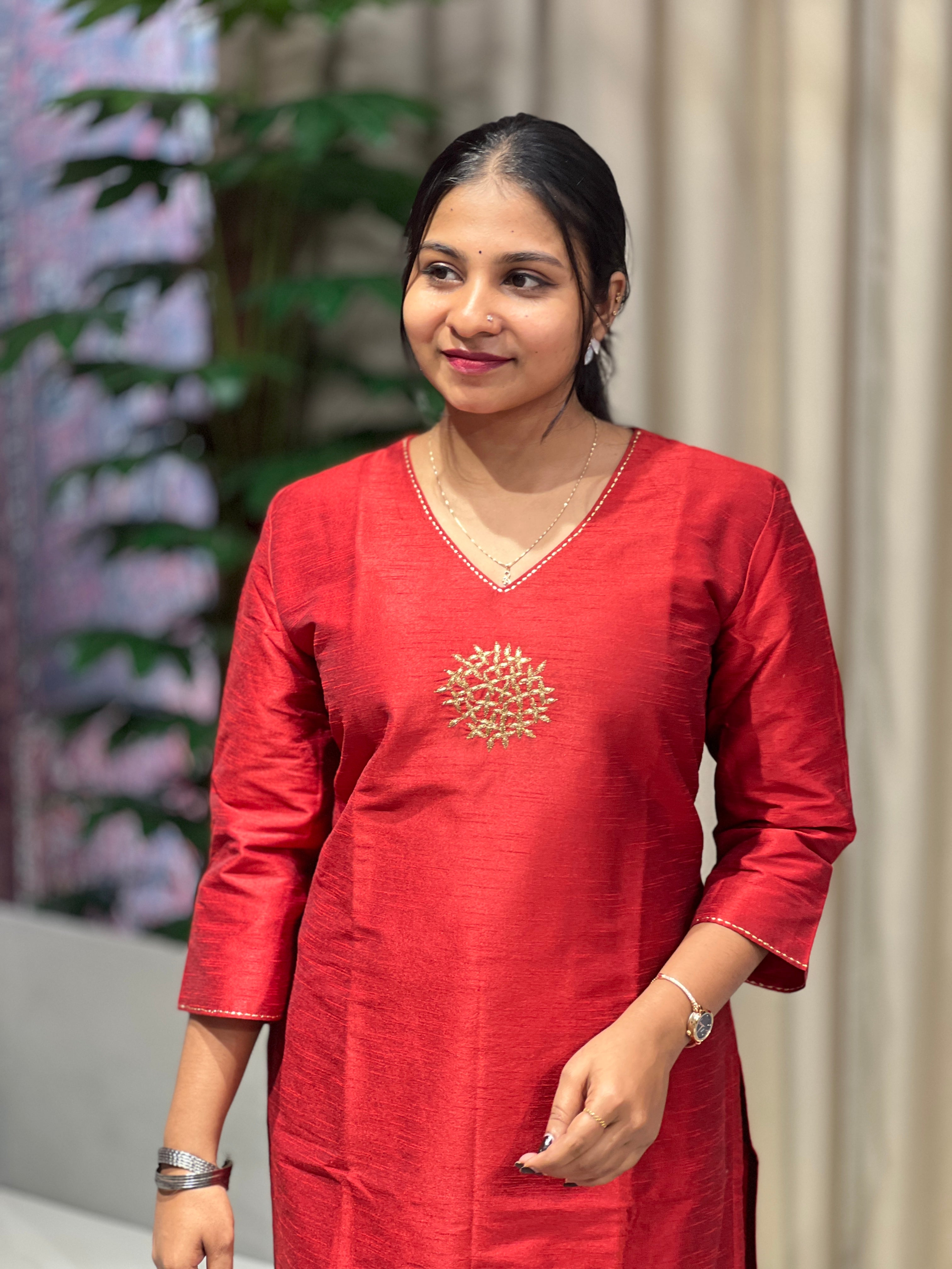 Machine Embroidery Detailing Raw Silk Kurta | DNT973