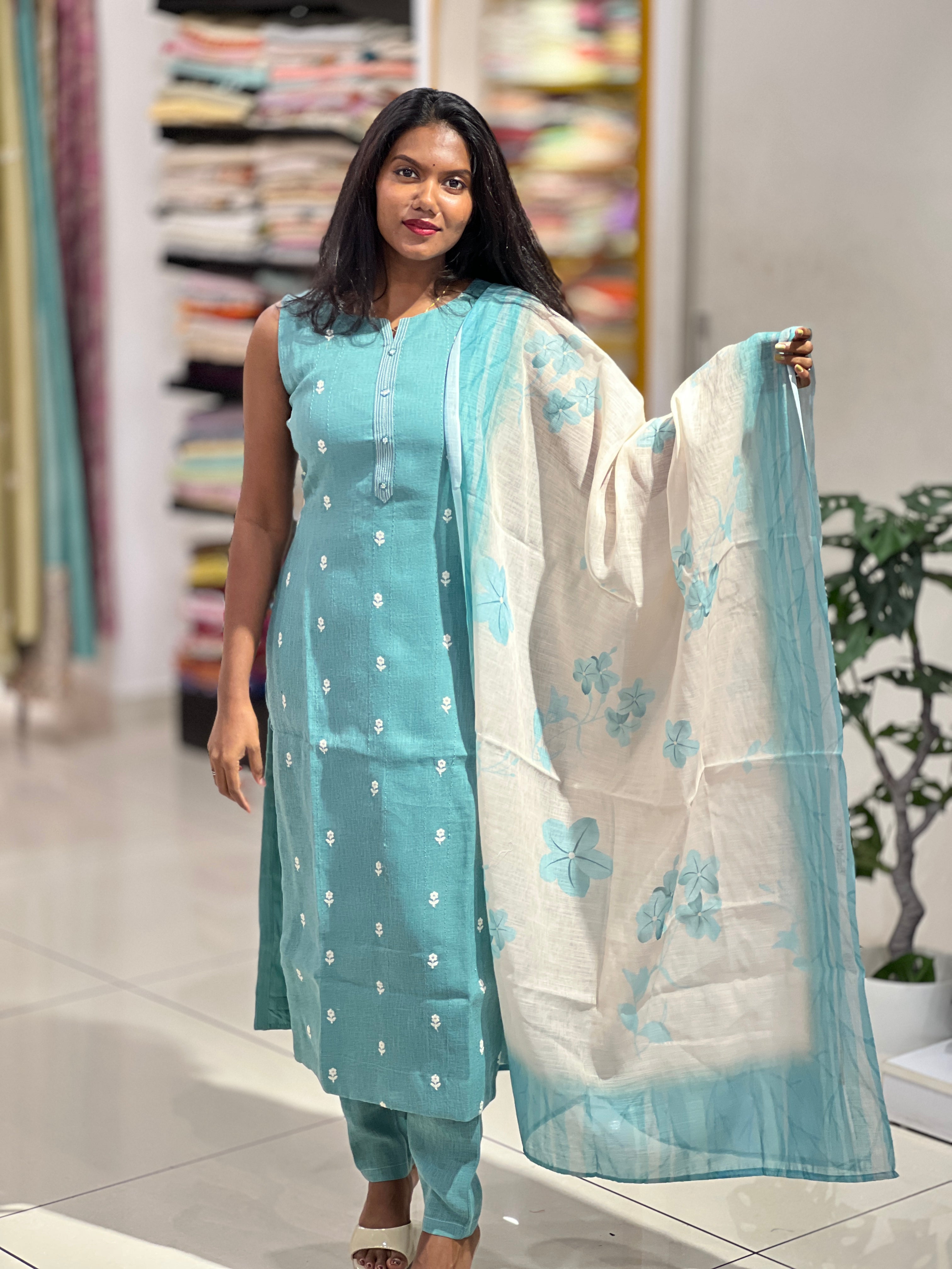Floral Embroidery Detailed Linen Cotton Kurta Set | NAI148