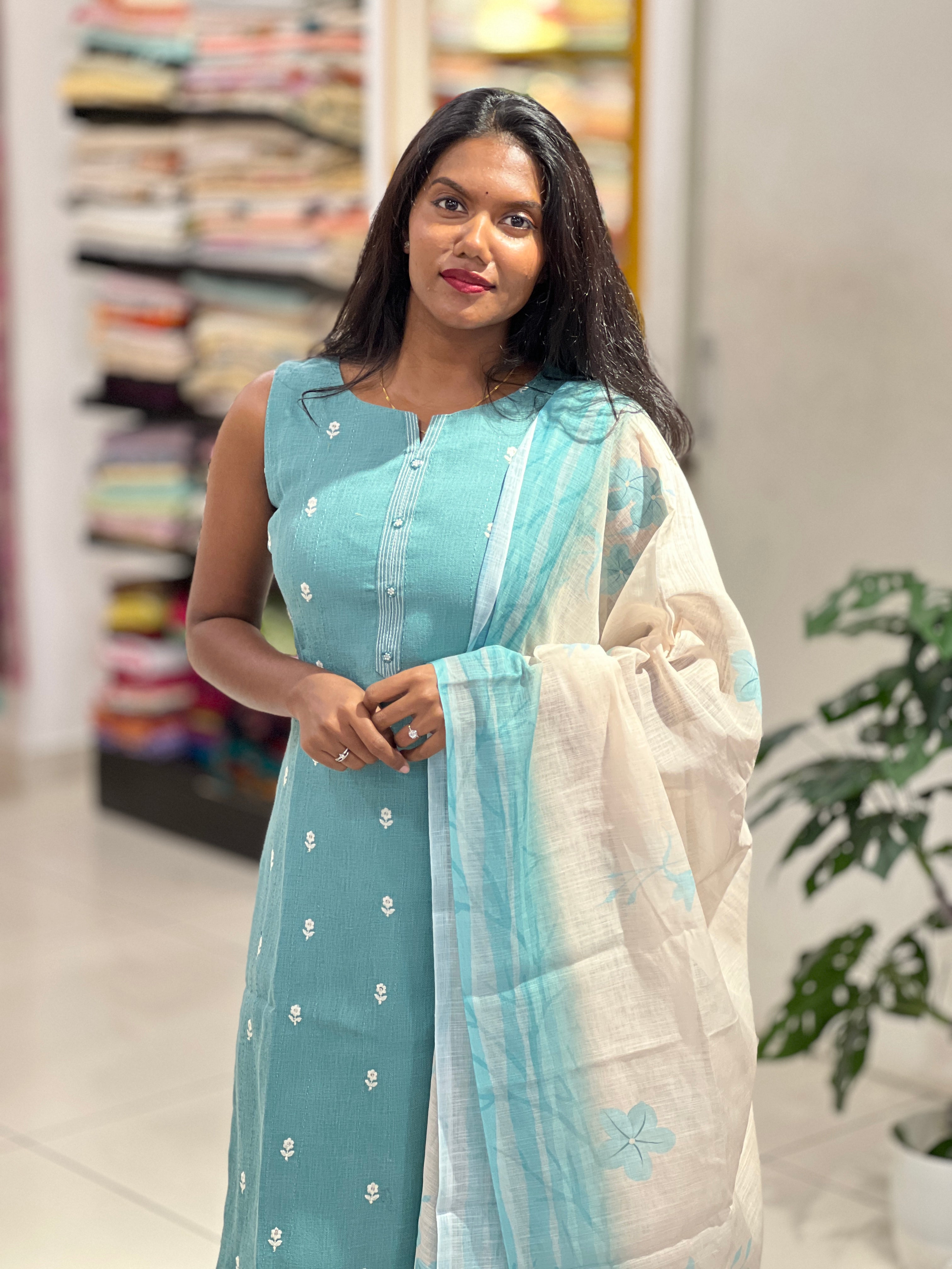 Floral Embroidery Detailed Linen Cotton Kurta Set | NAI148