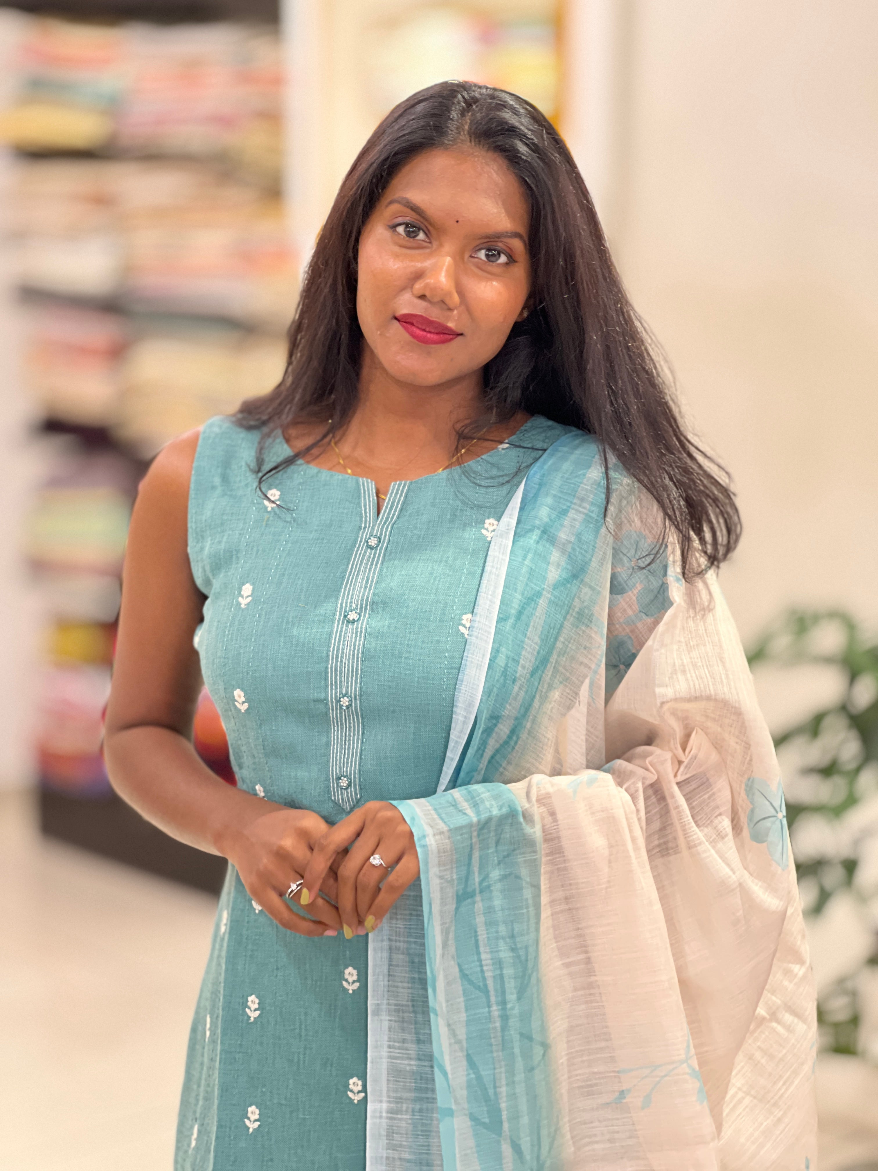 Floral Embroidery Detailed Linen Cotton Kurta Set | NAI148