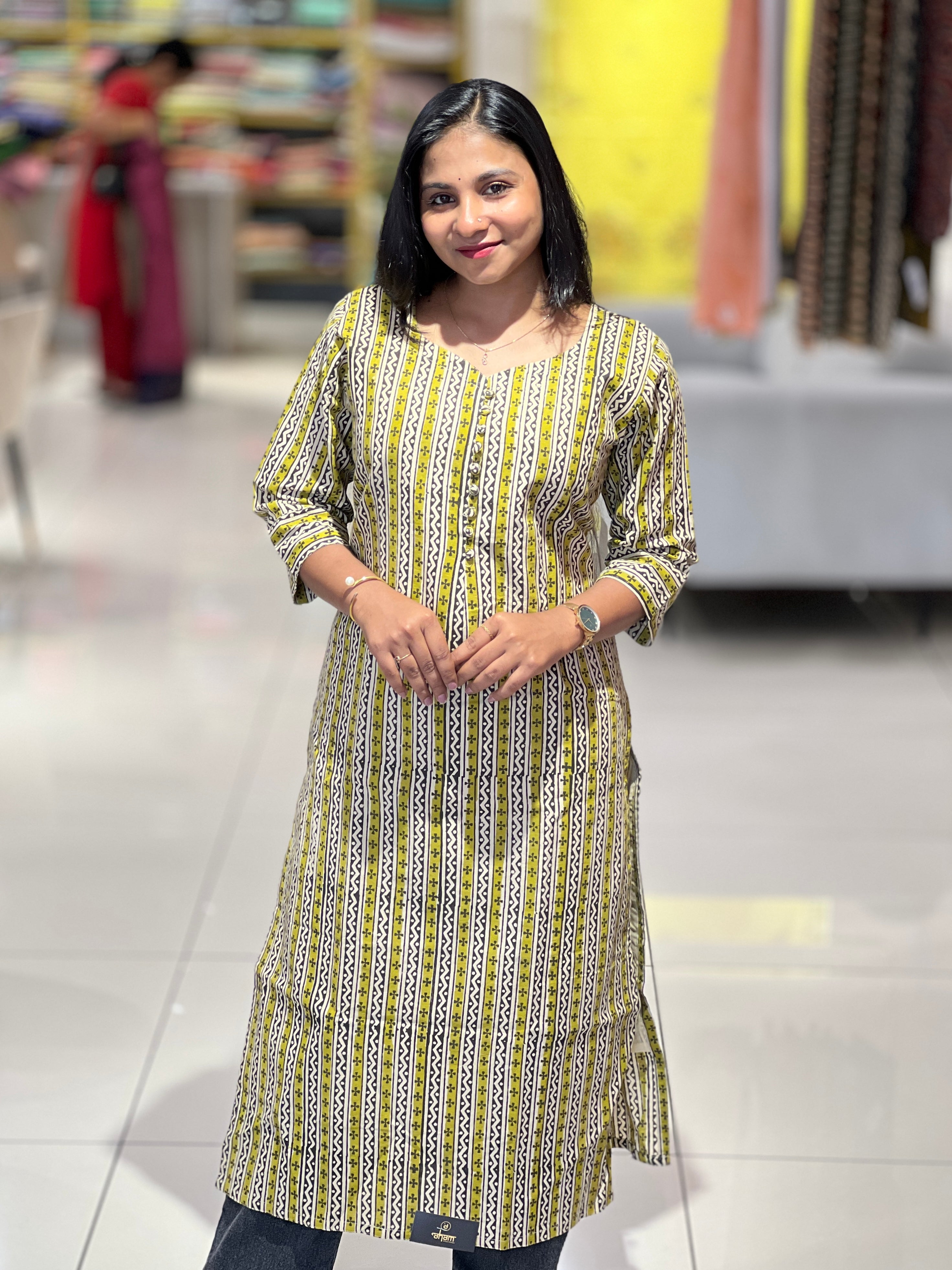 Stripe & Geometric Printed Cotton Kurta | RMLA110