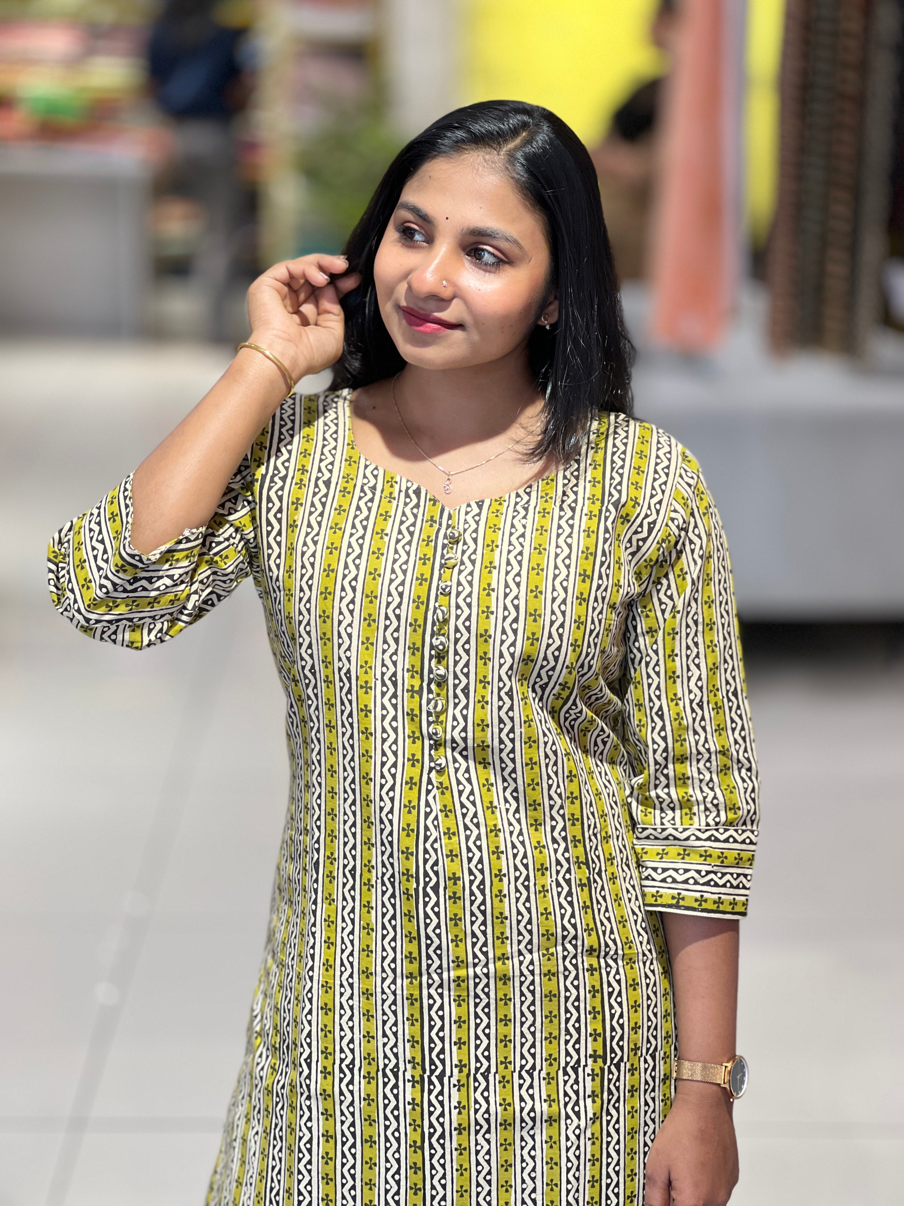 Stripe & Geometric Printed Cotton Kurta | RMLA110