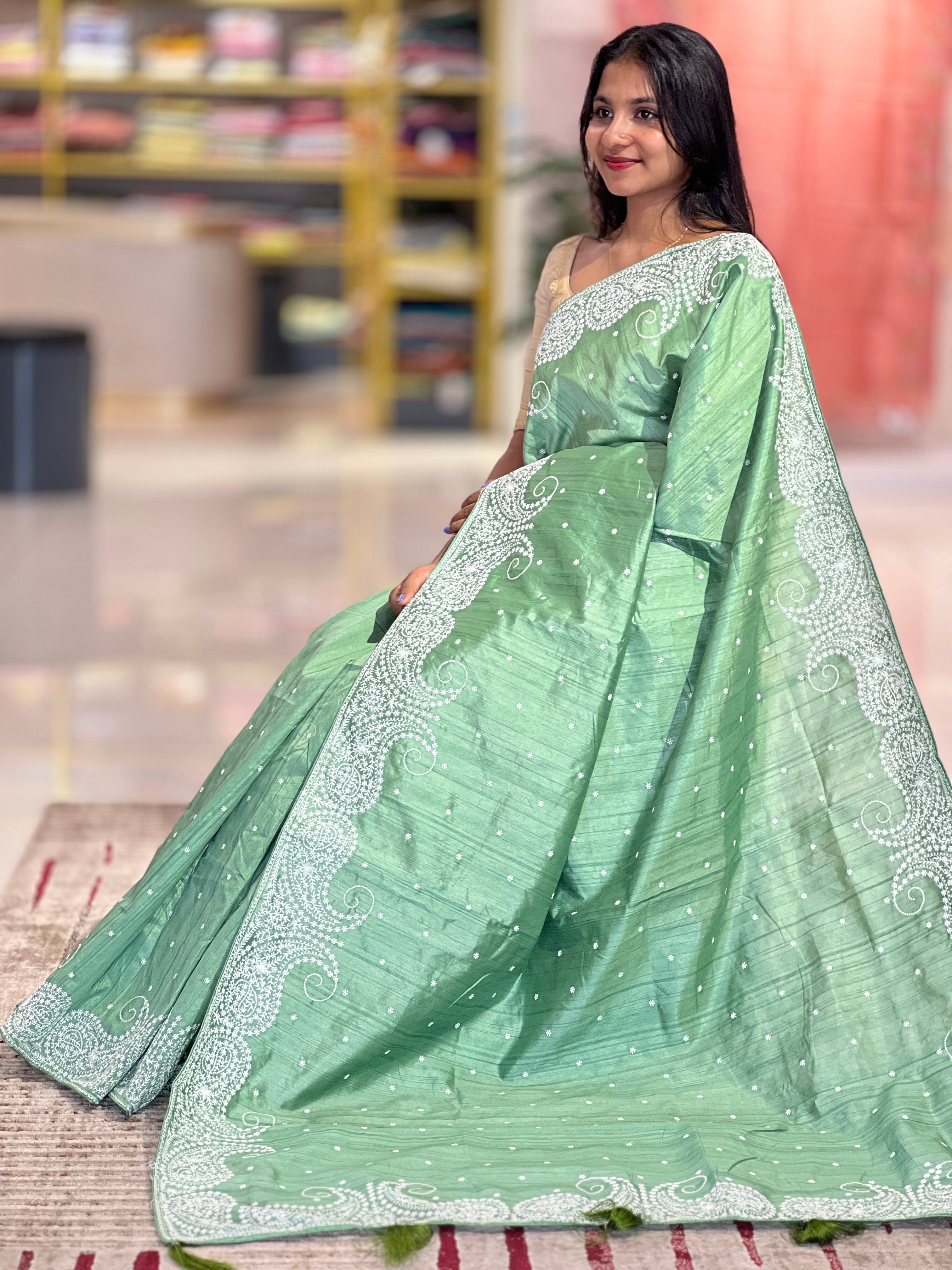 White Thread Embroidery Border Tussar Finish Saree |  RP545