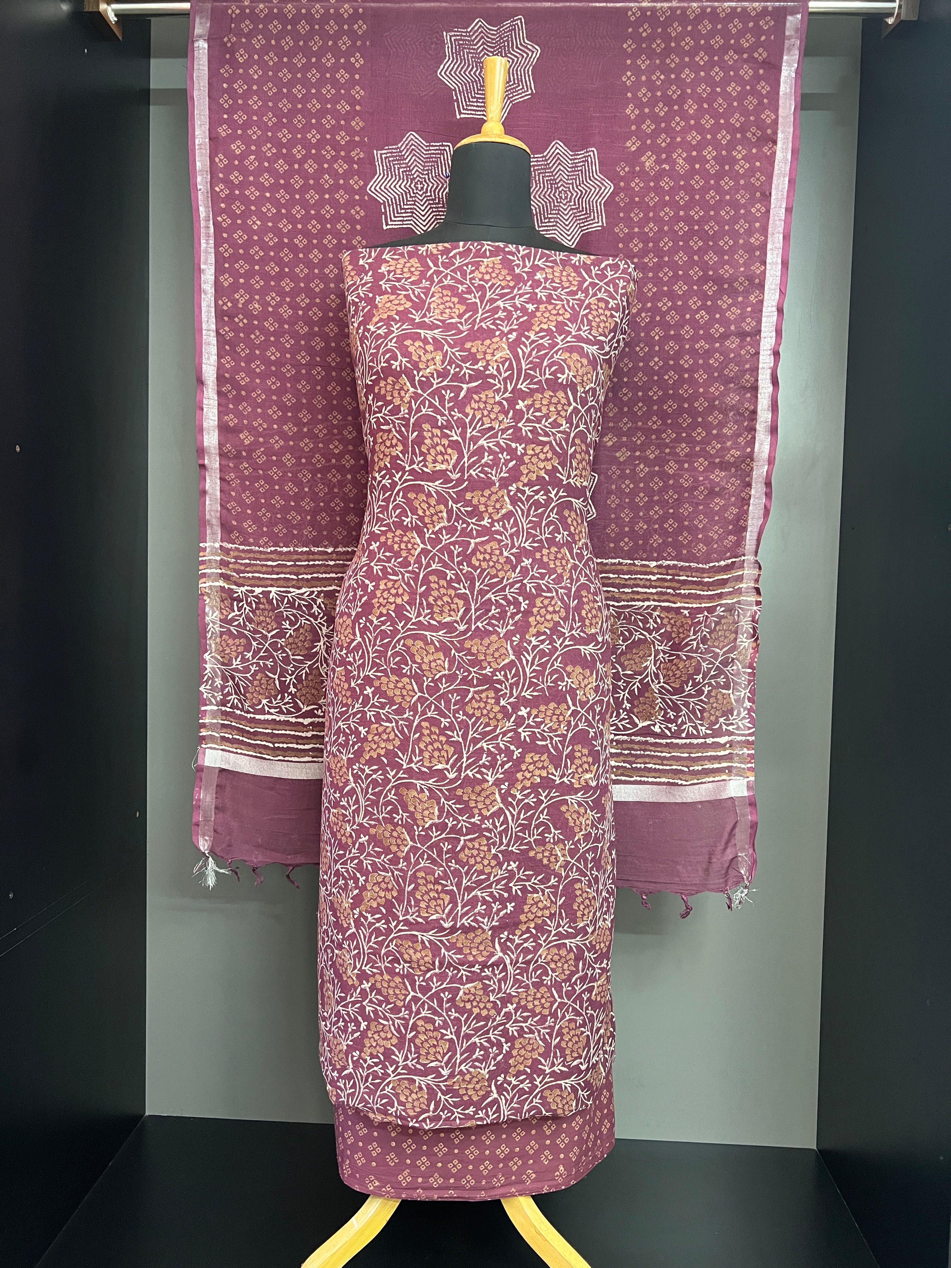 Block Printed Semi Linen Salwar Set  | JHF114