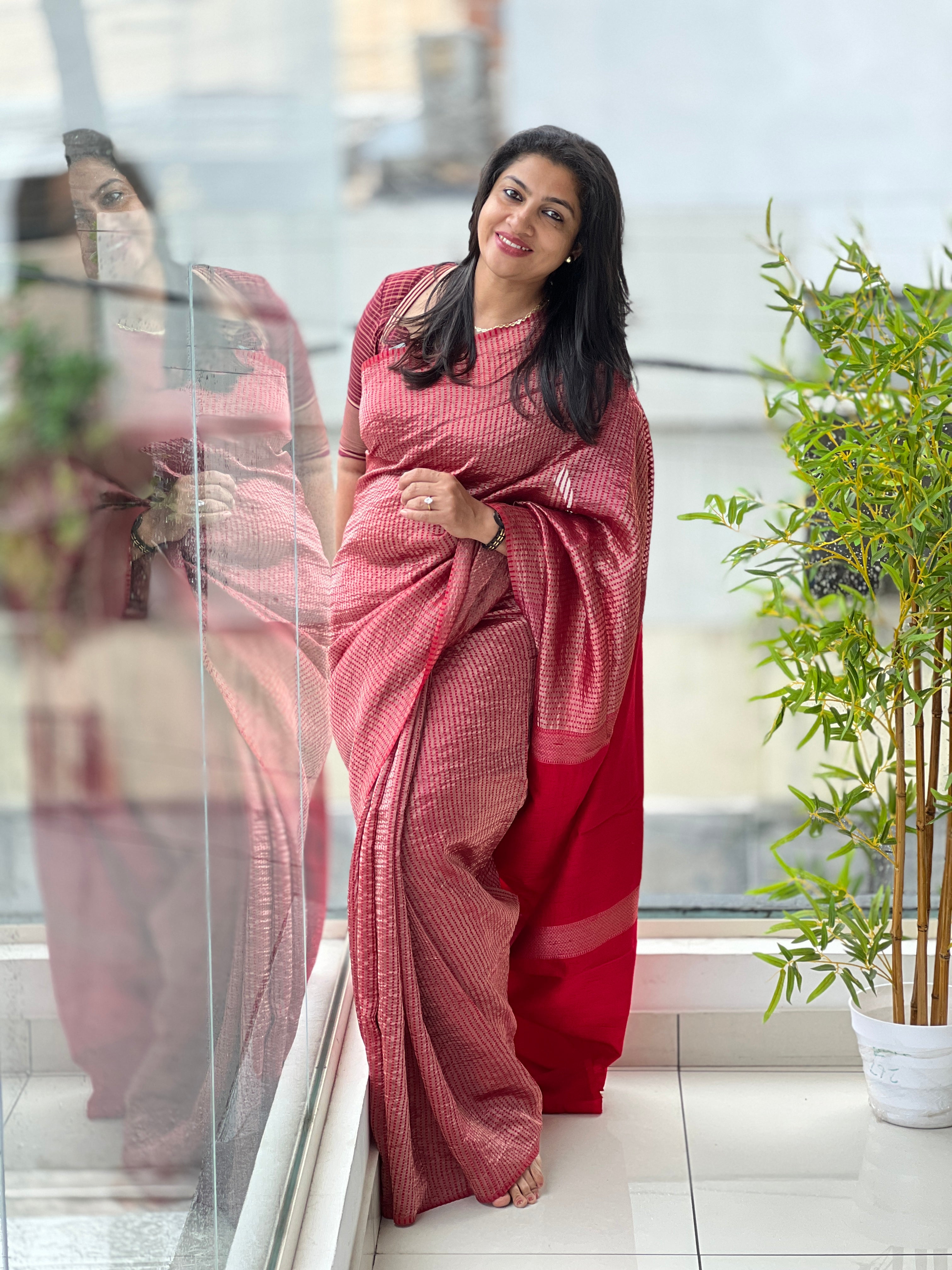 Mulberry Silk Organza Line Weaved Pattern Saree | SYC104