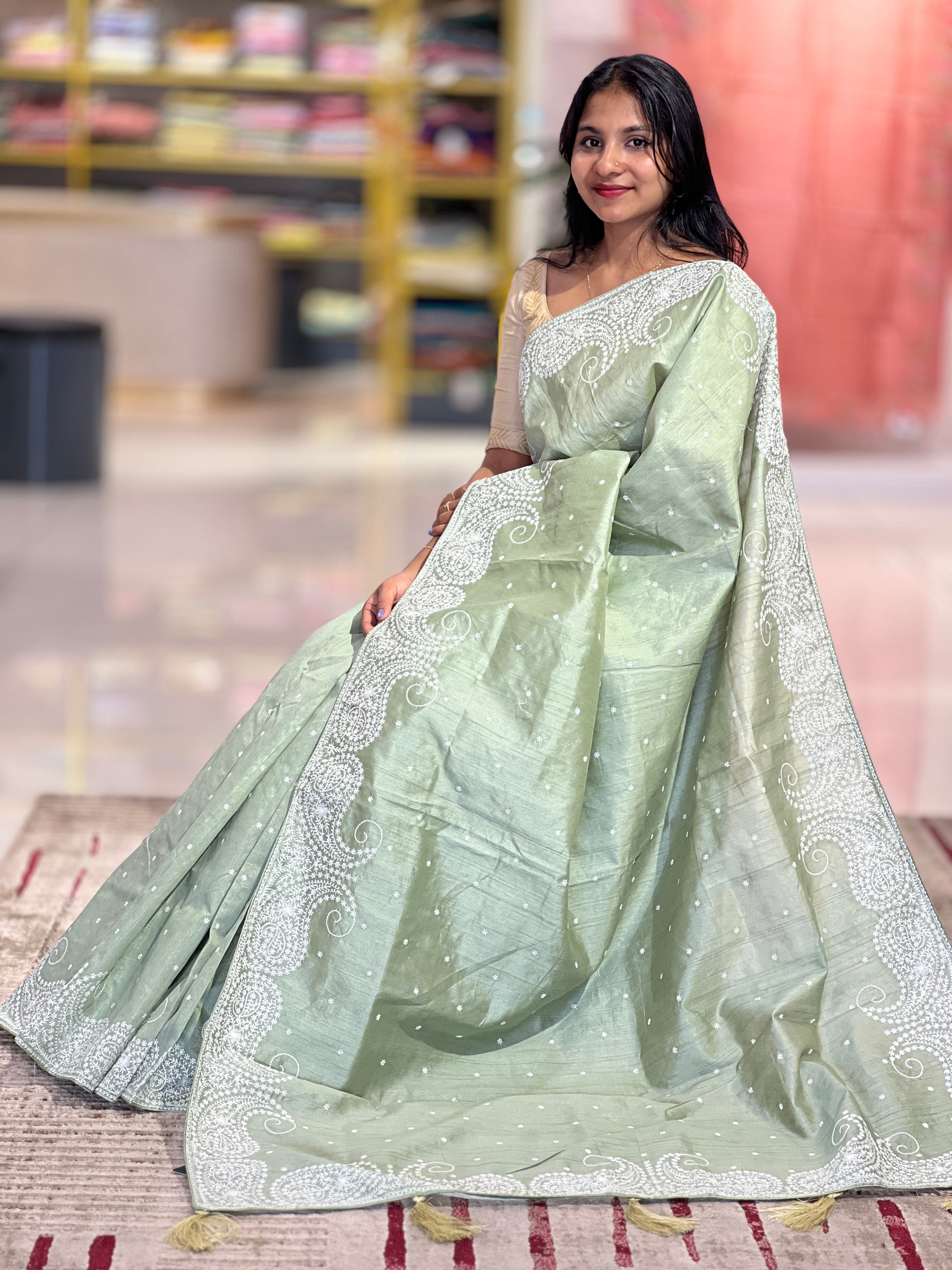 Paisley Embroidery Tussar Finish Saree | RP543