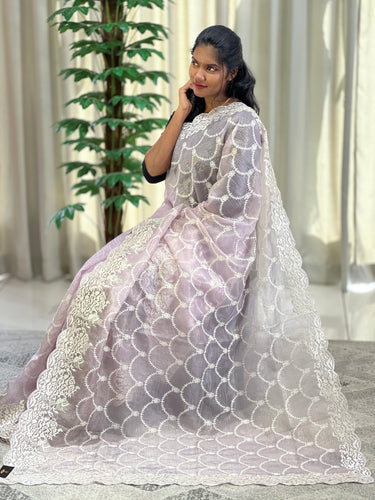 Machine Embroidery Crushed Shimmer Organza Saree | BLD1475