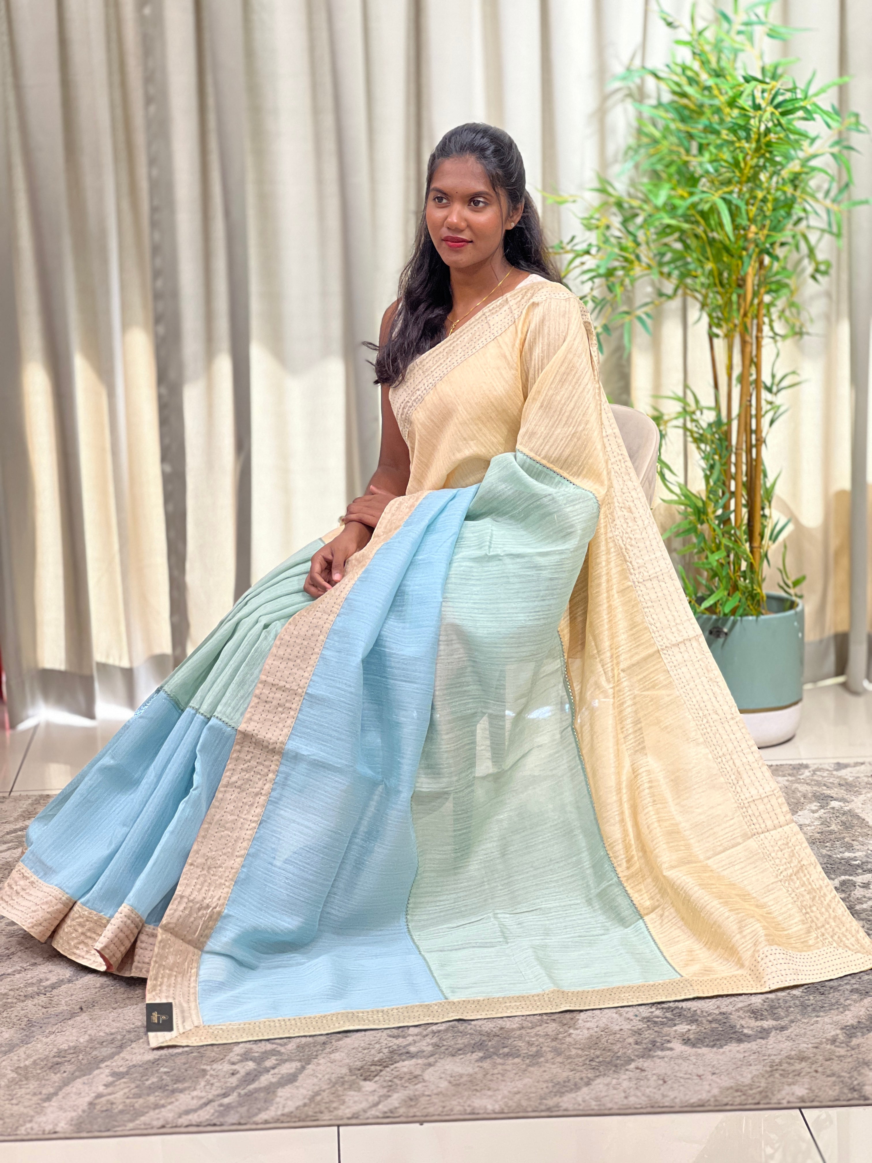 Tri Colour pattern Green Silk Saree | YNG1681