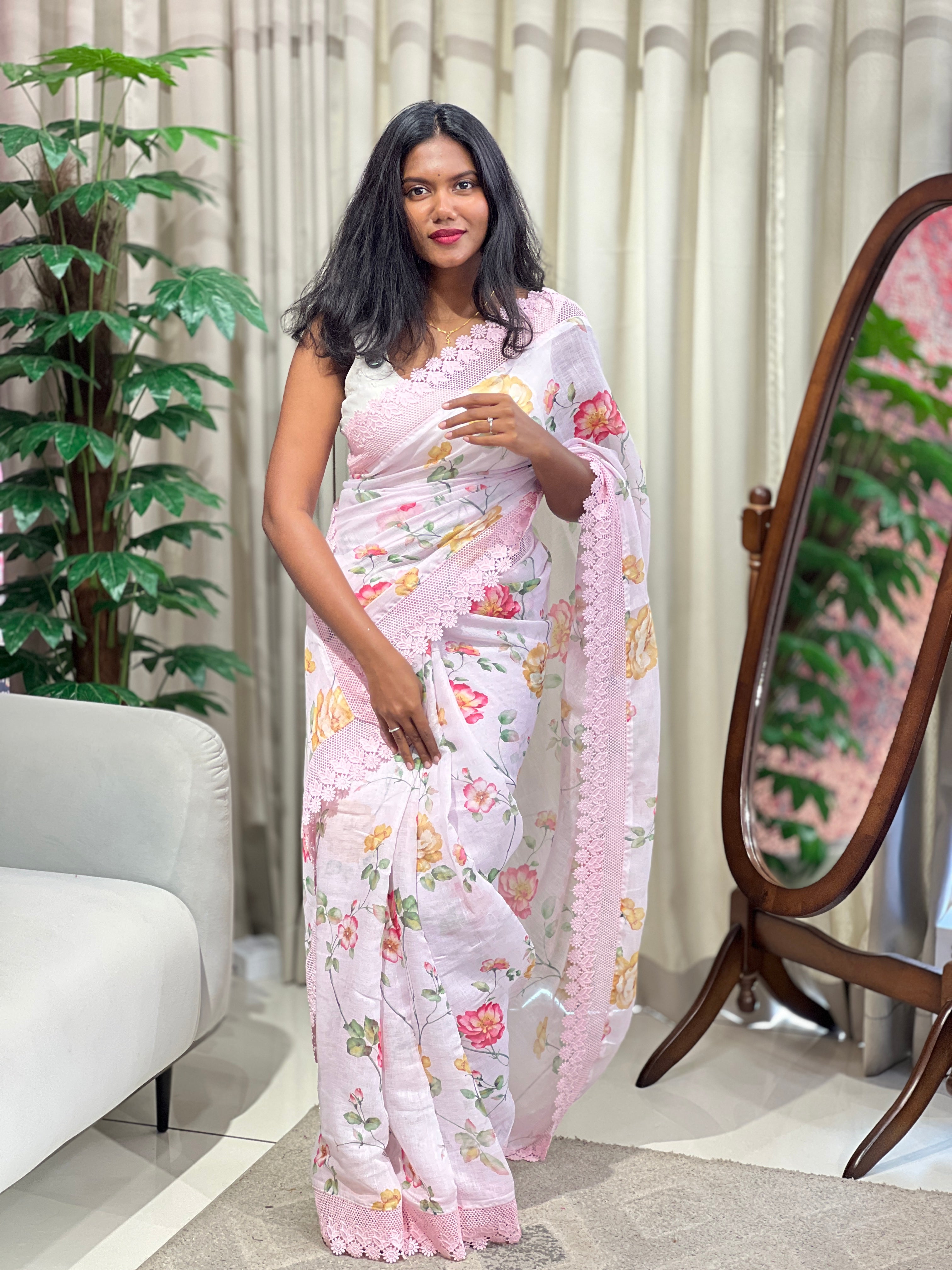 Floral Digital Printed Semi Linen Saree | HT441
