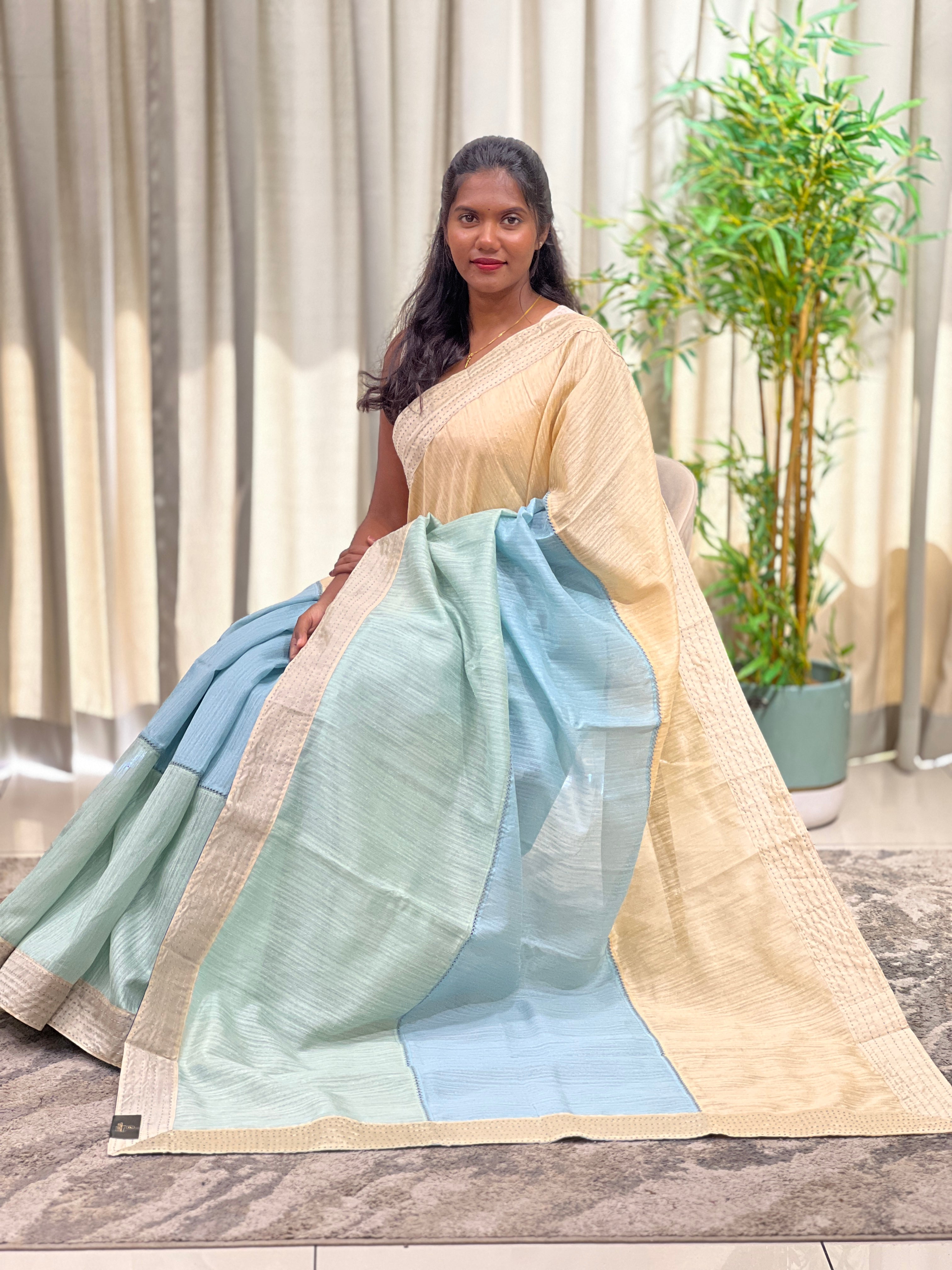 Tri Colour pattern Green Silk Saree | YNG1683