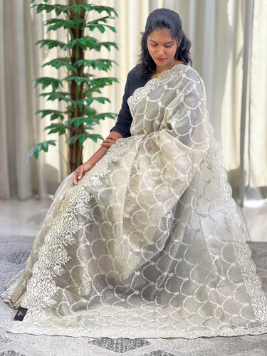 Machine Embroidery Crushed Shimmer Organza Saree | BLD1473