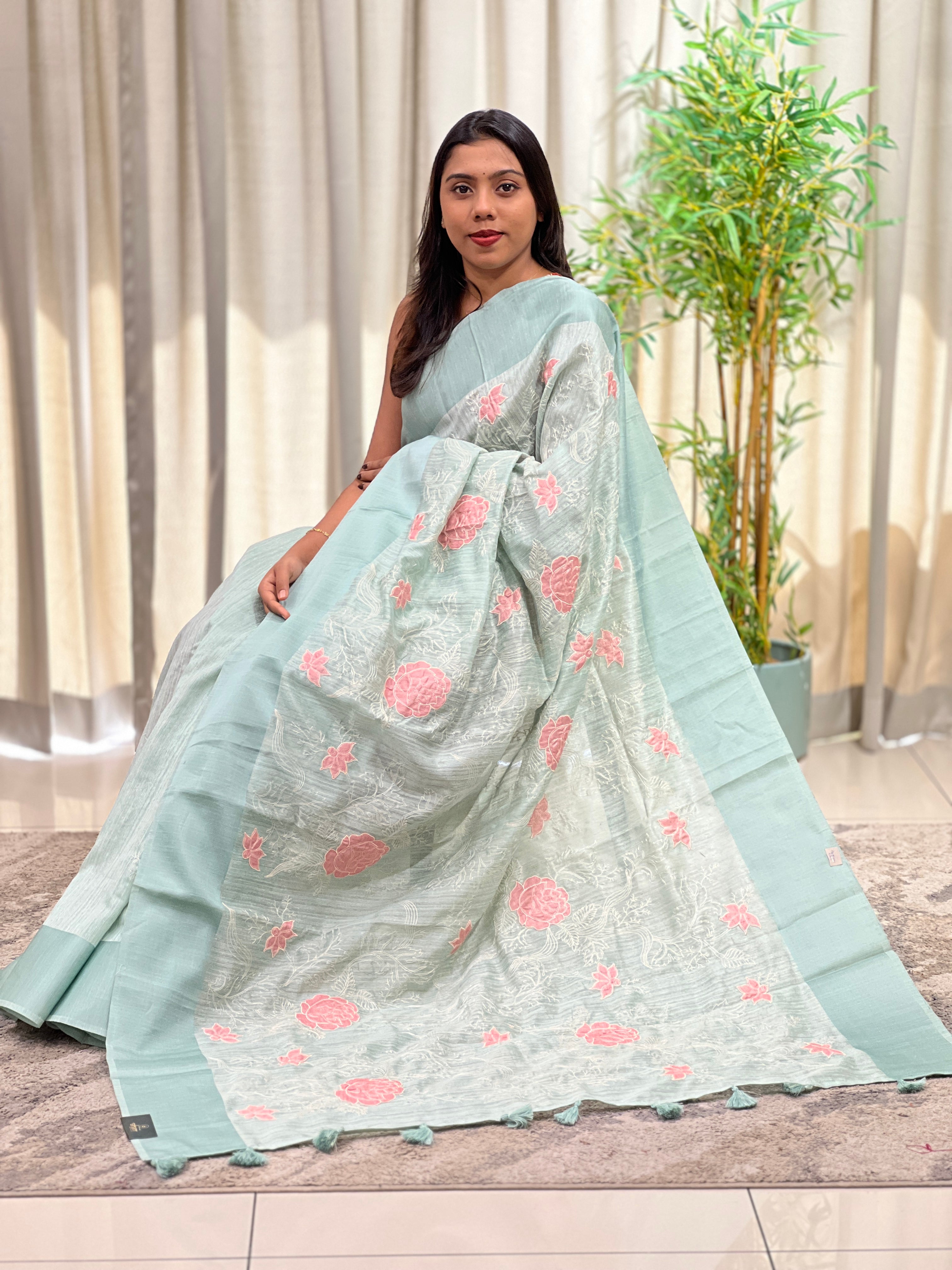 Embroidered Applique Green  Silk Saree | YNG1687