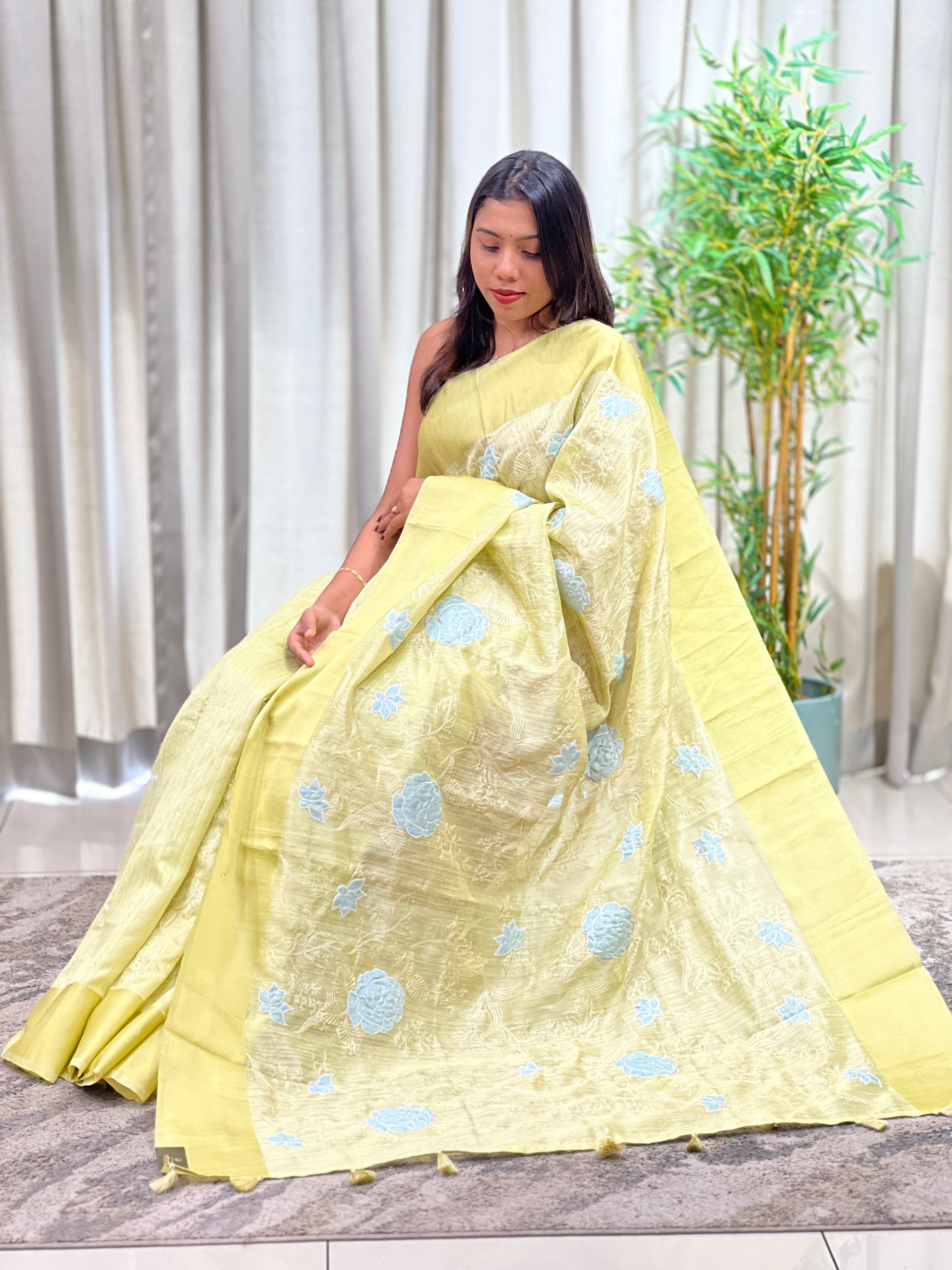 Embroidered Applique Green  Silk Saree | YNG1685