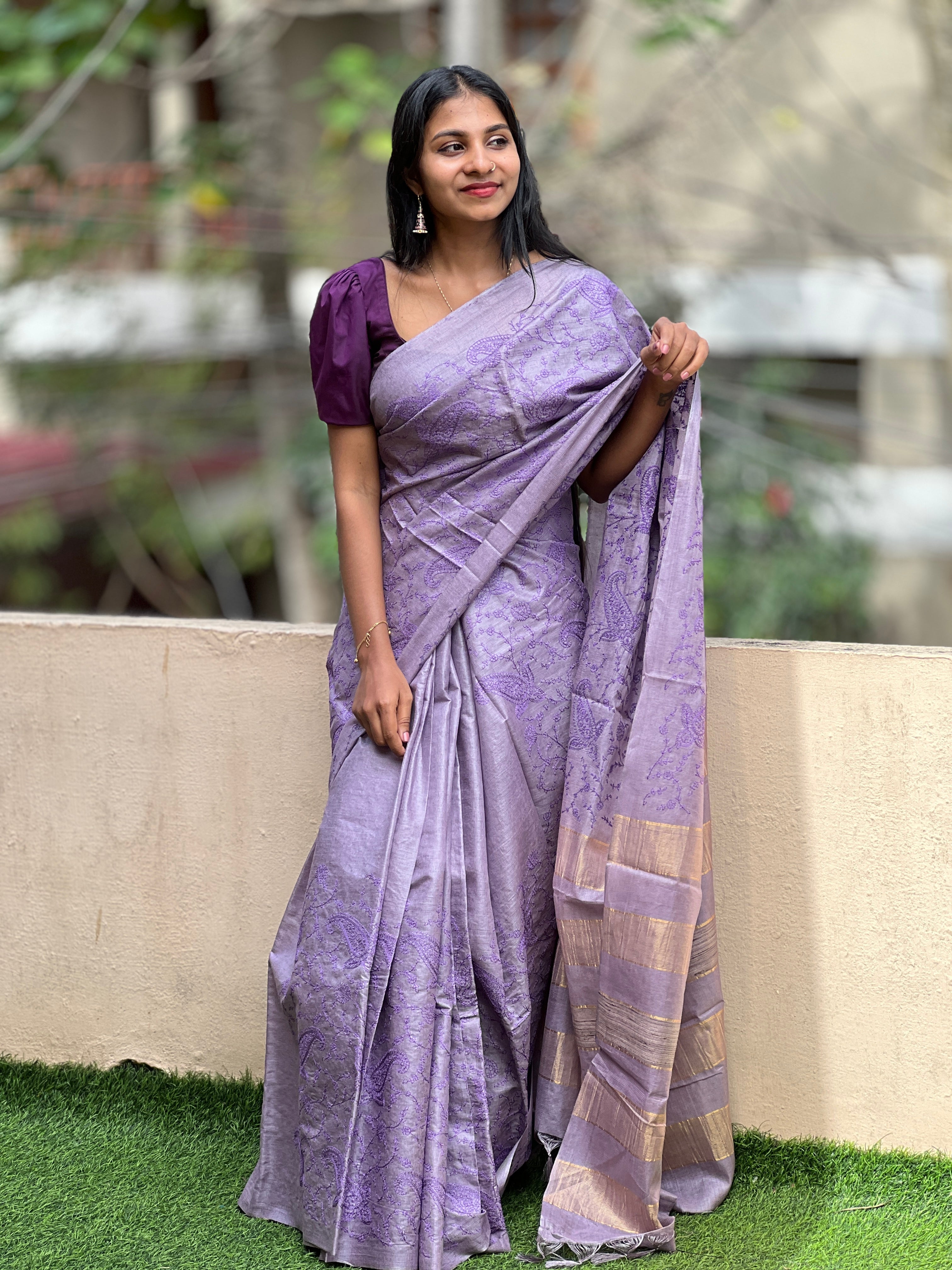 Machine Embroidered Bamboo Tussar Saree | AHR344