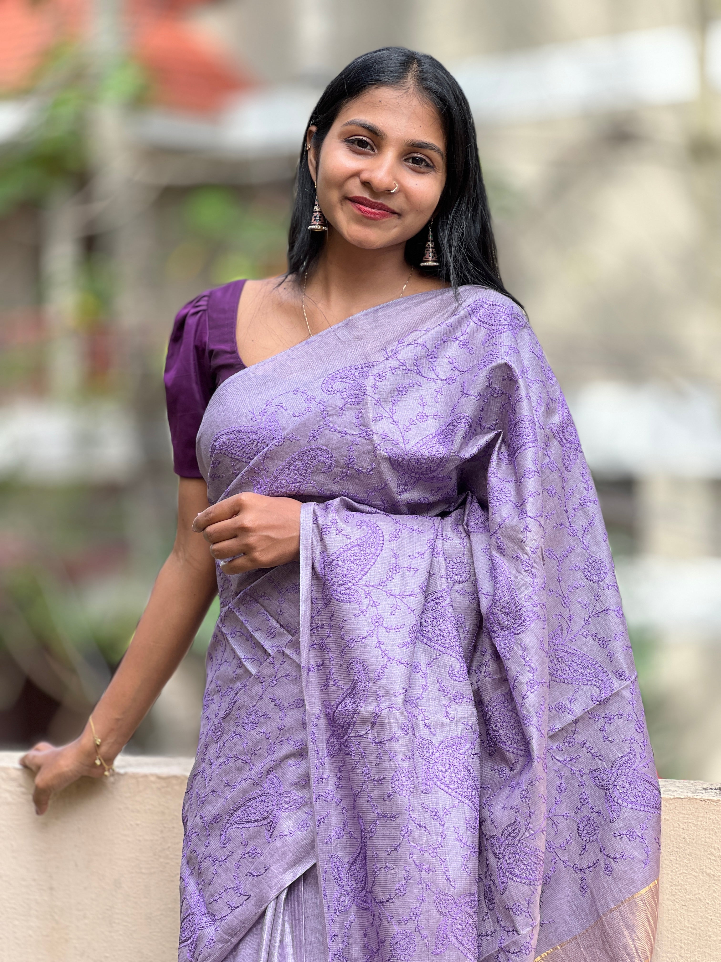 Machine Embroidered Bamboo Tussar Saree | AHR344