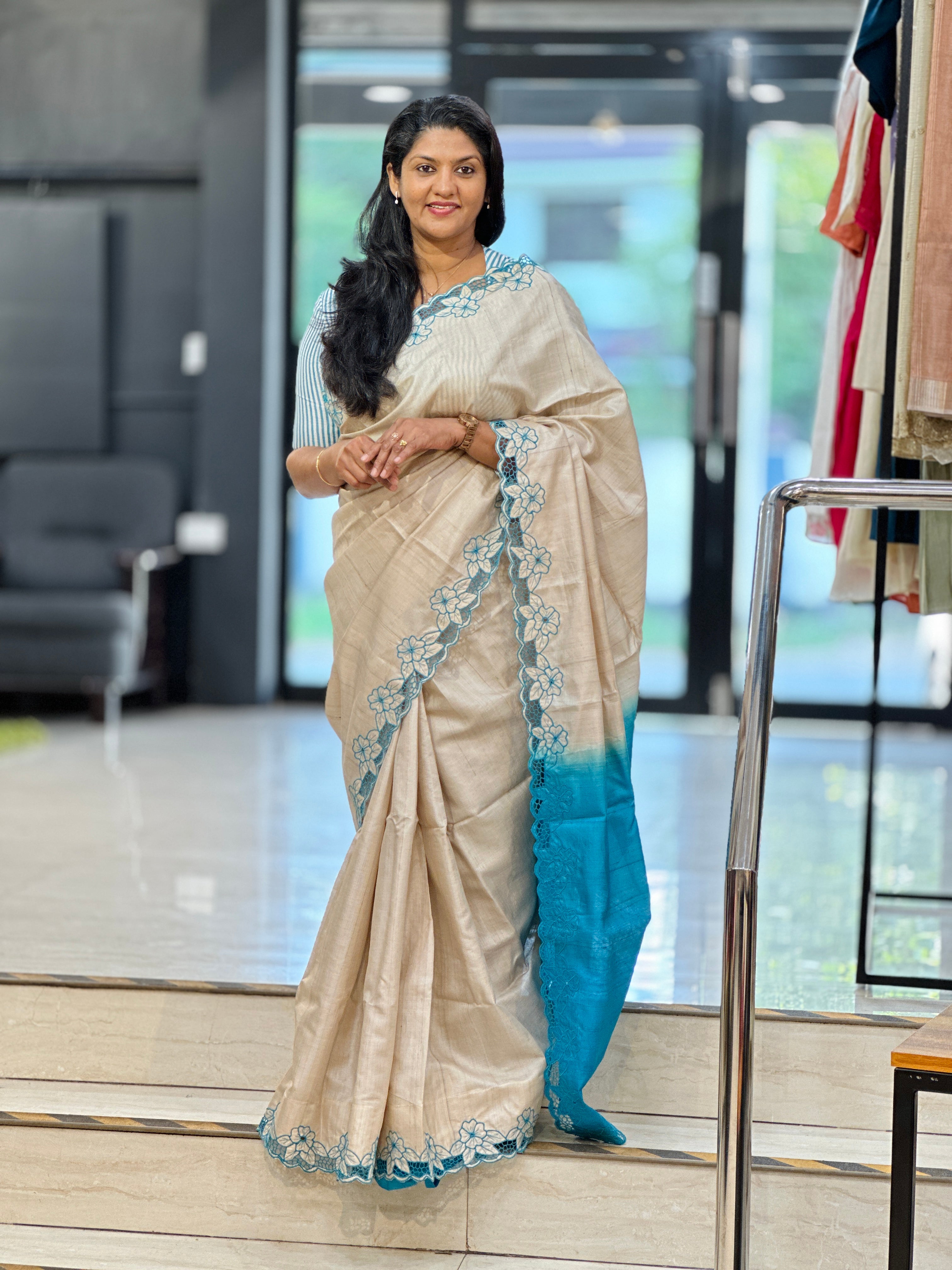 Twine Cutwork Floral Embroidered Desi Tussar Saree | TC481