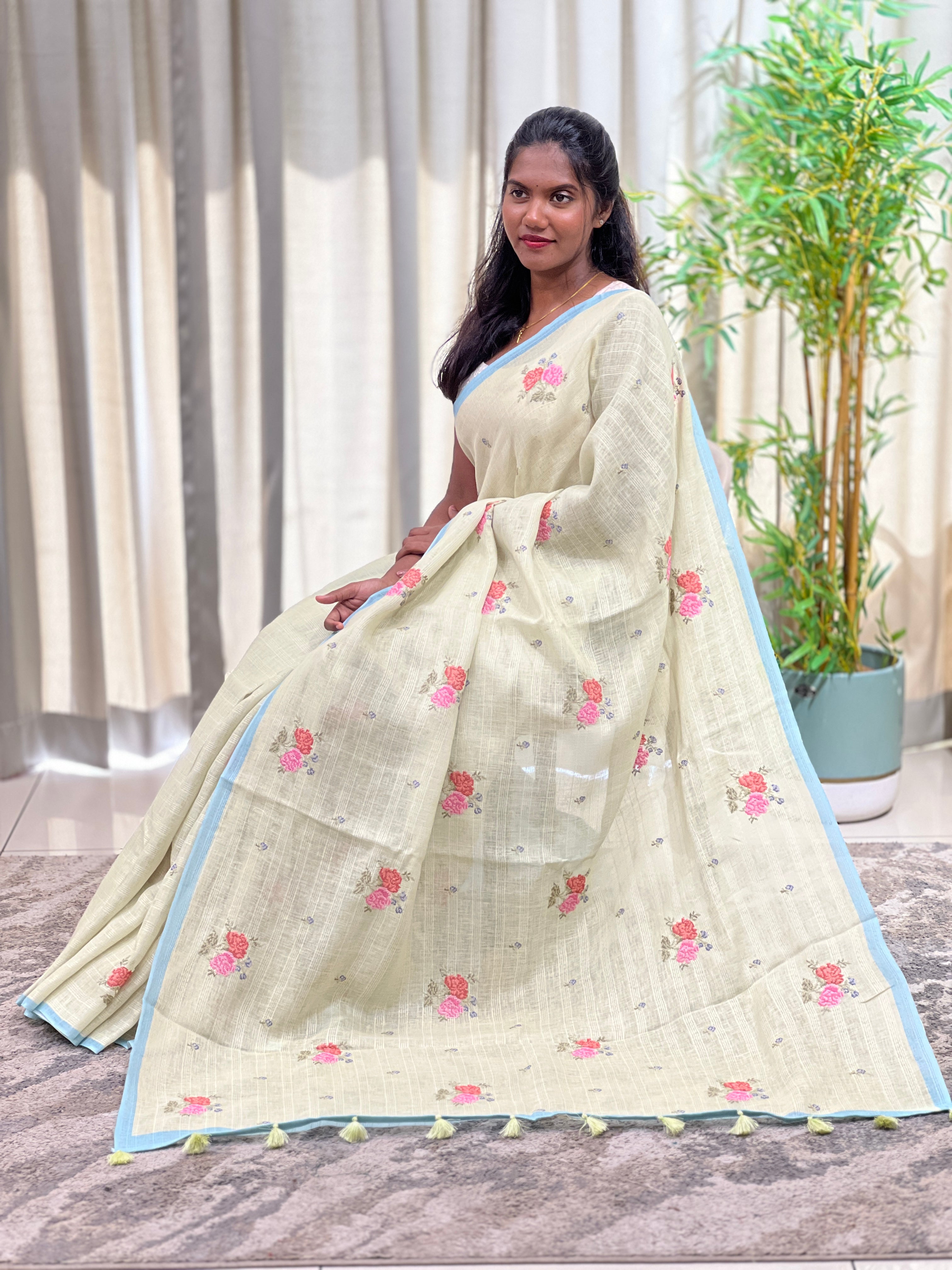 Cross Stitch Pattern Linen Saree | YNG1474