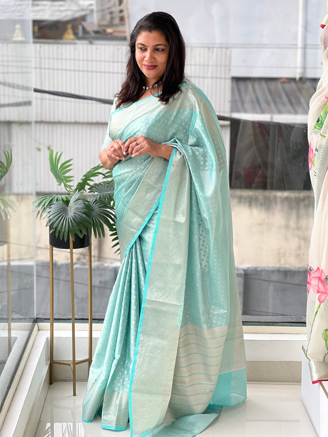 Golden Zari Weaved Semi Banarasi Silk Saree | NN379