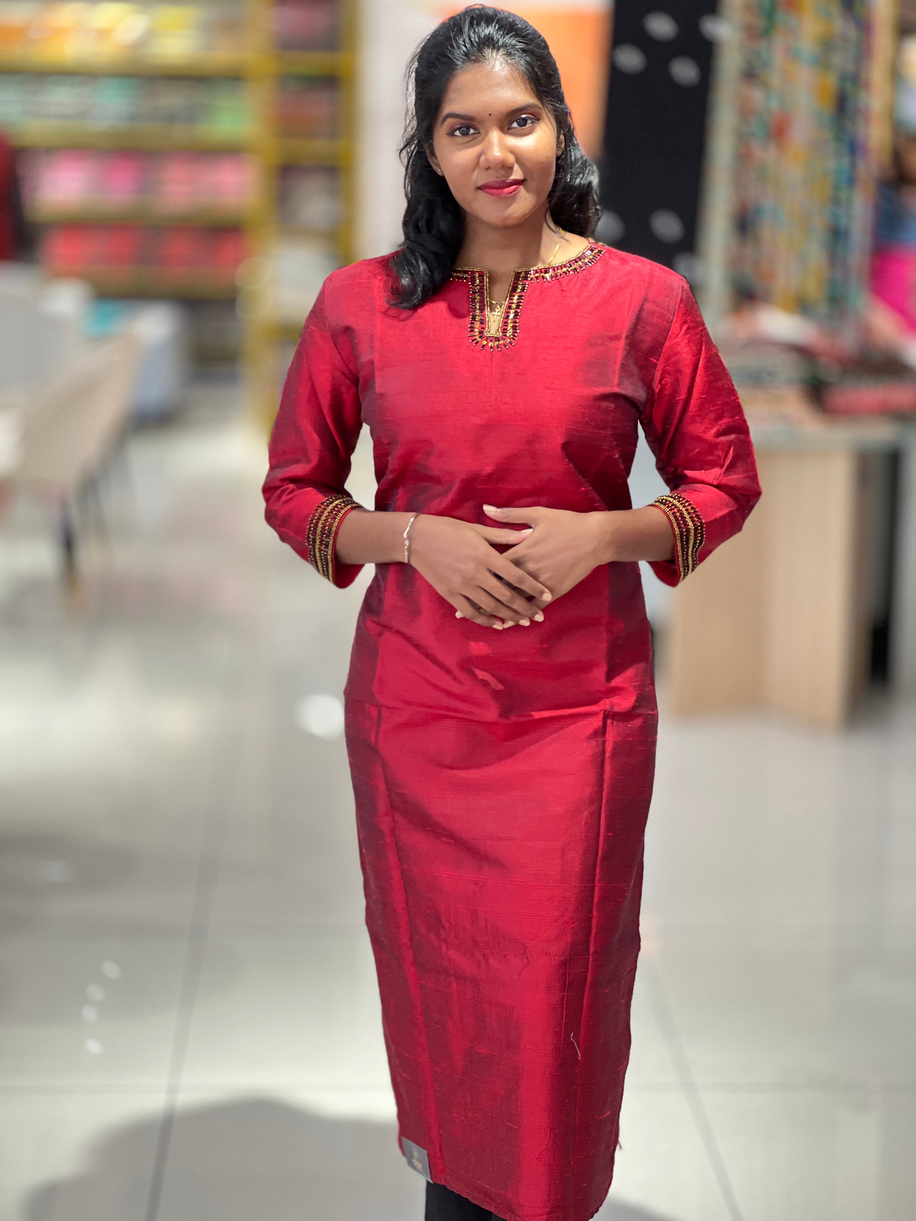 Hand Work Slub Silk Kurta | DNT504