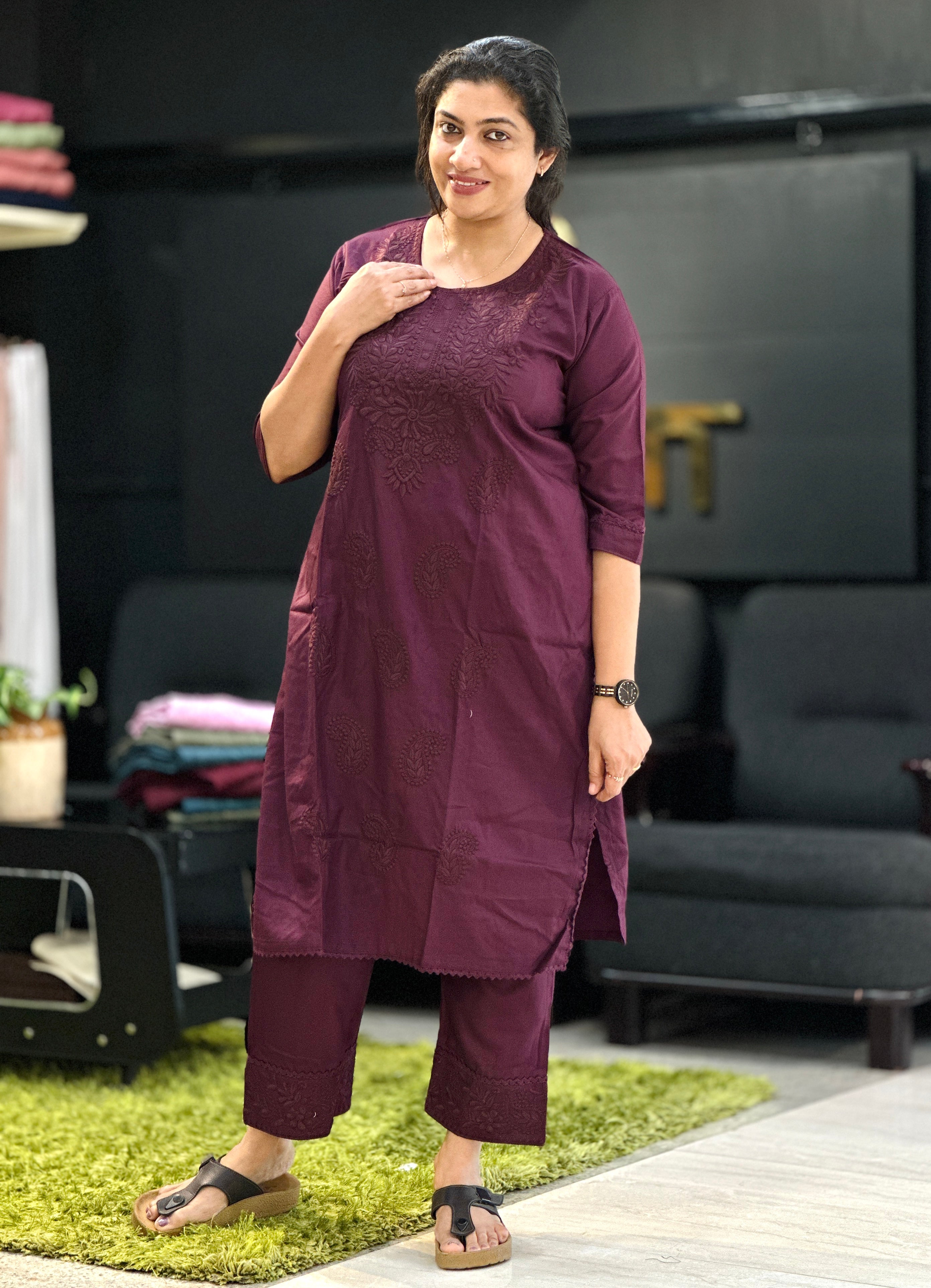 Computerized Lucknowi Embroidery Detailed Cotton Kurta Set | YV126