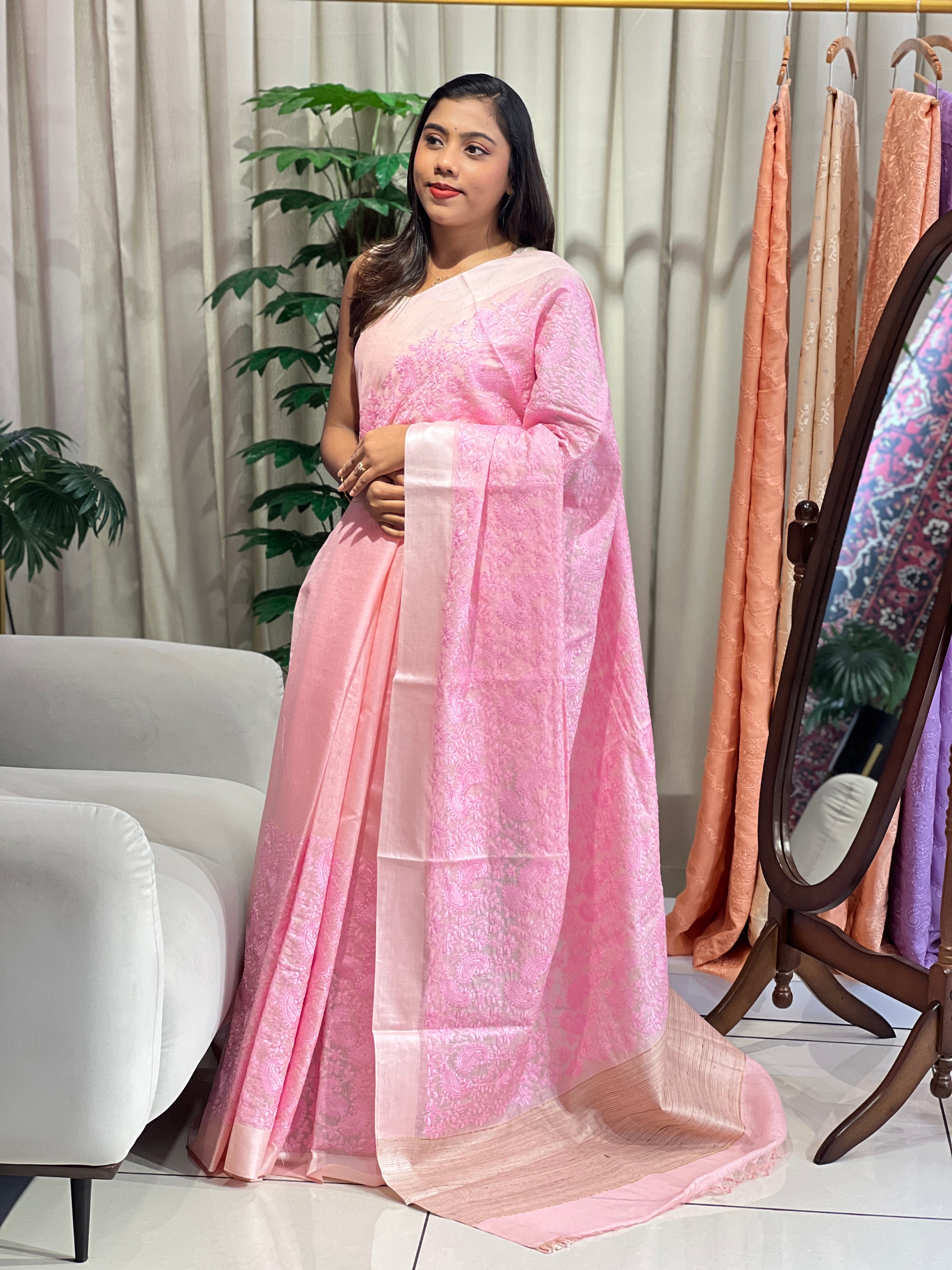 Paisley Embroidered Noil Tussar Saree | HS1409