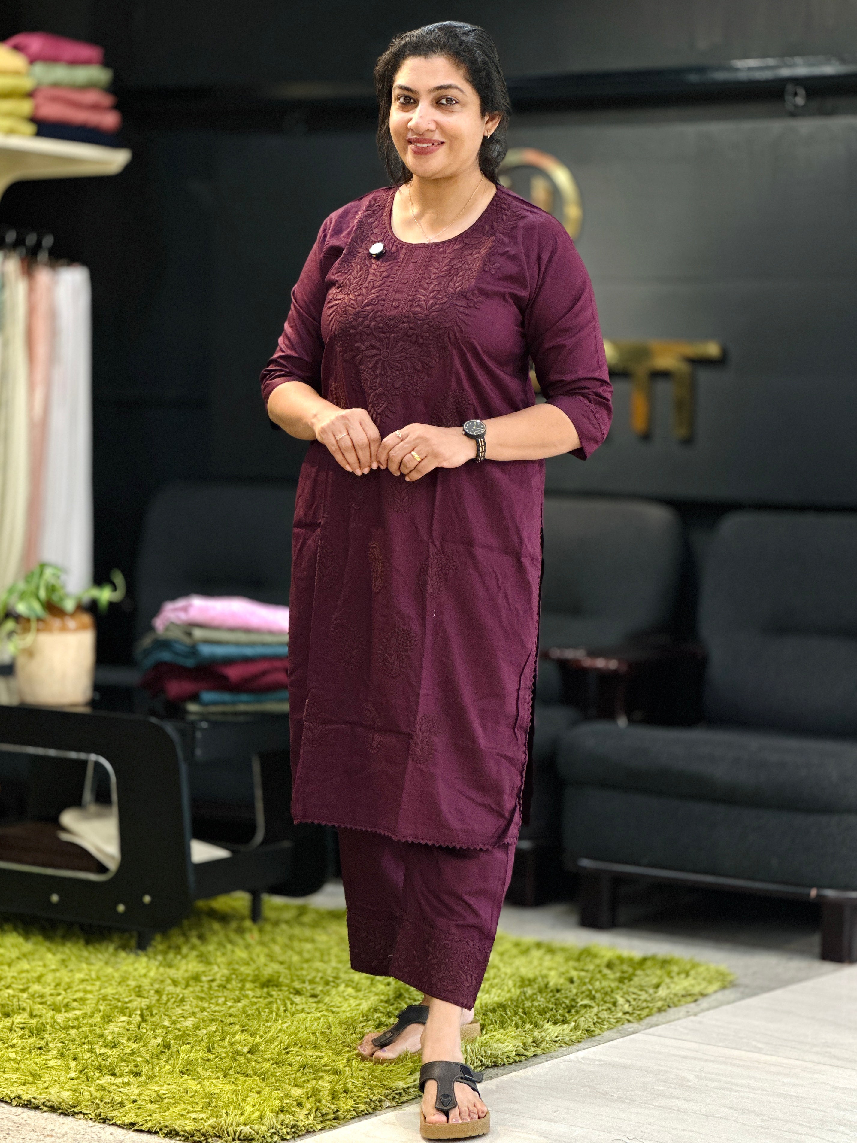 Computerized Lucknowi Embroidery Detailed Cotton Kurta Set | YV126
