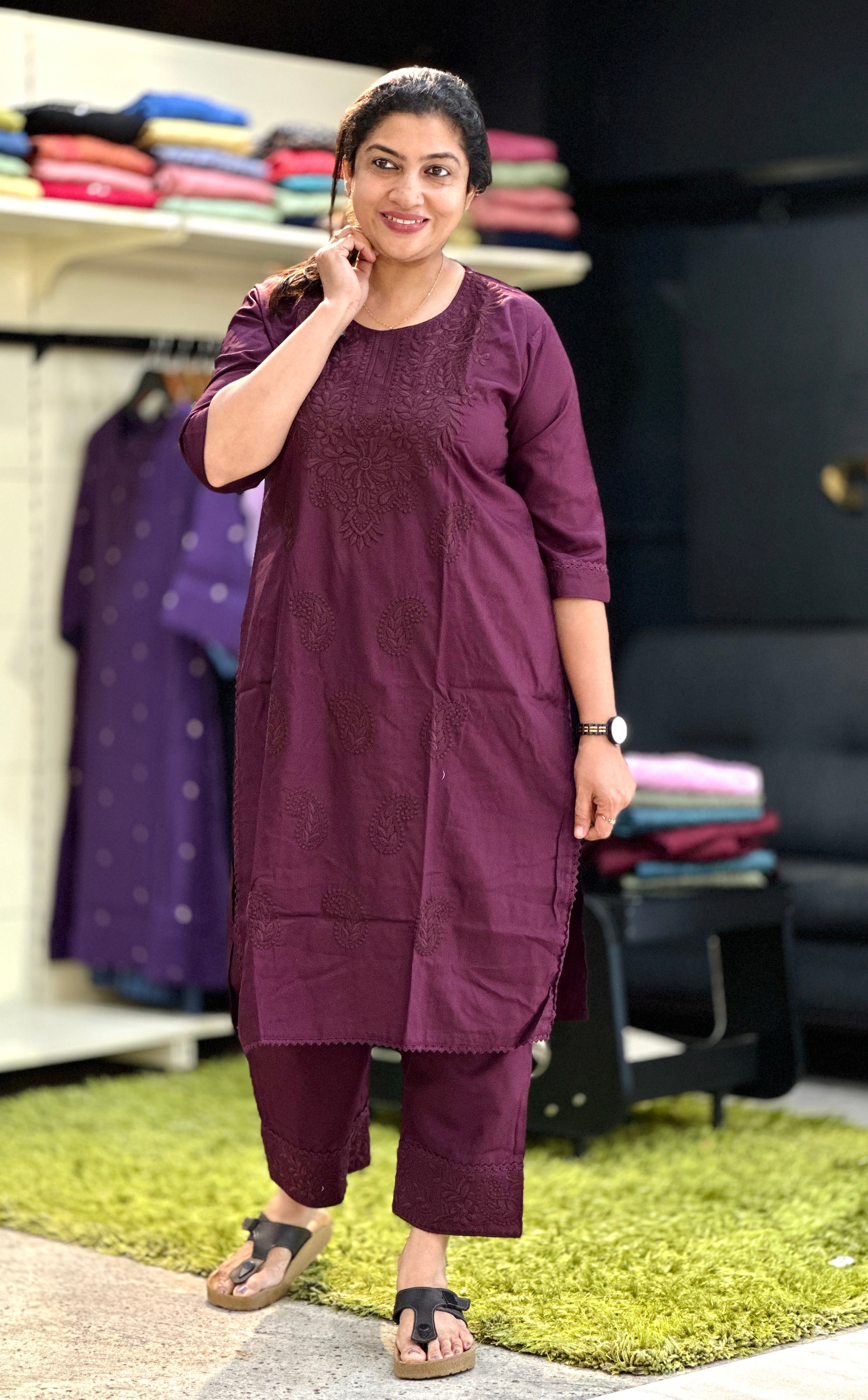 Computerized Lucknowi Embroidery Detailed Cotton Kurta Set | YV126