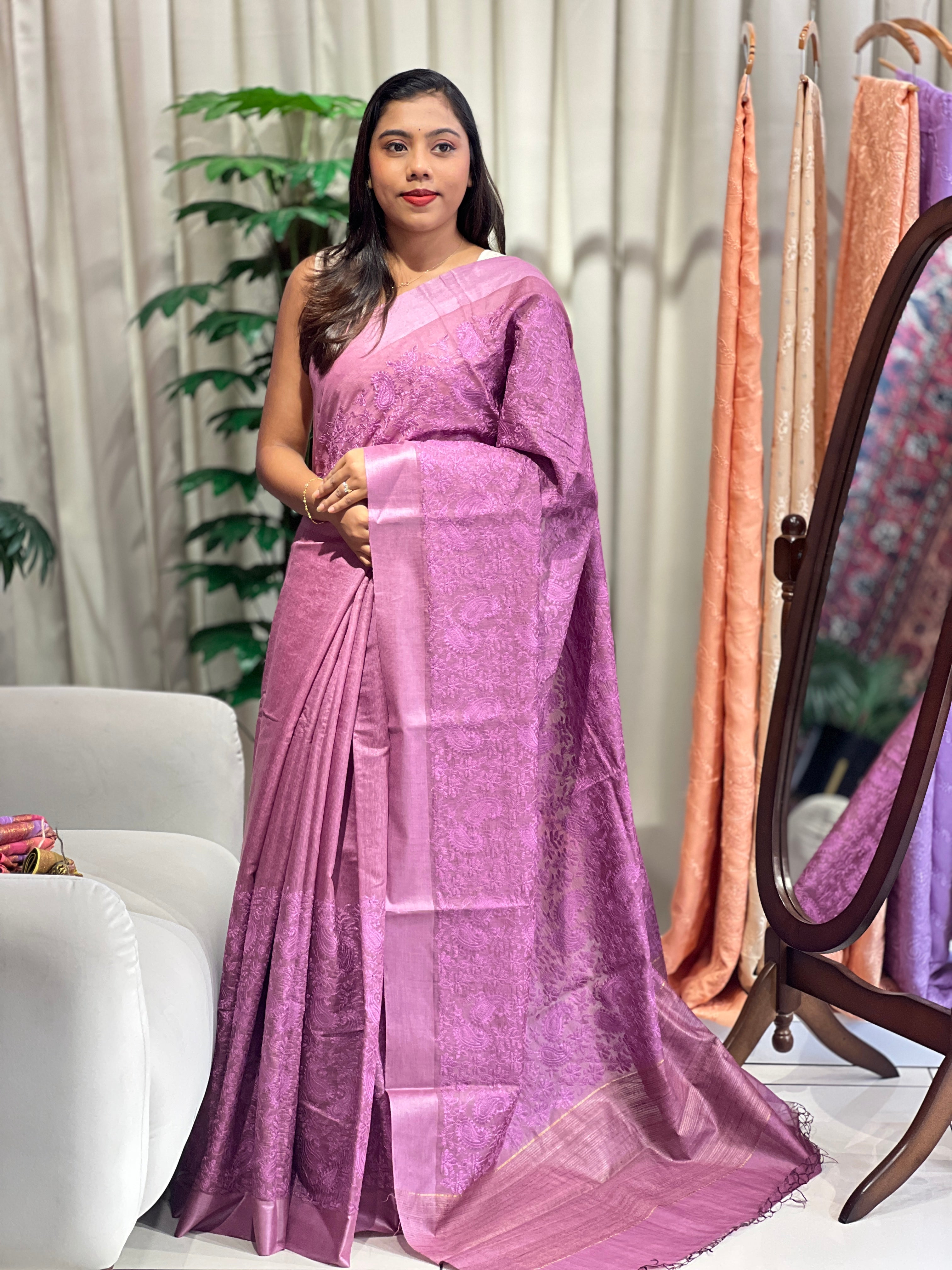 Paisley Embroidered Noil Tussar Saree | HS1408