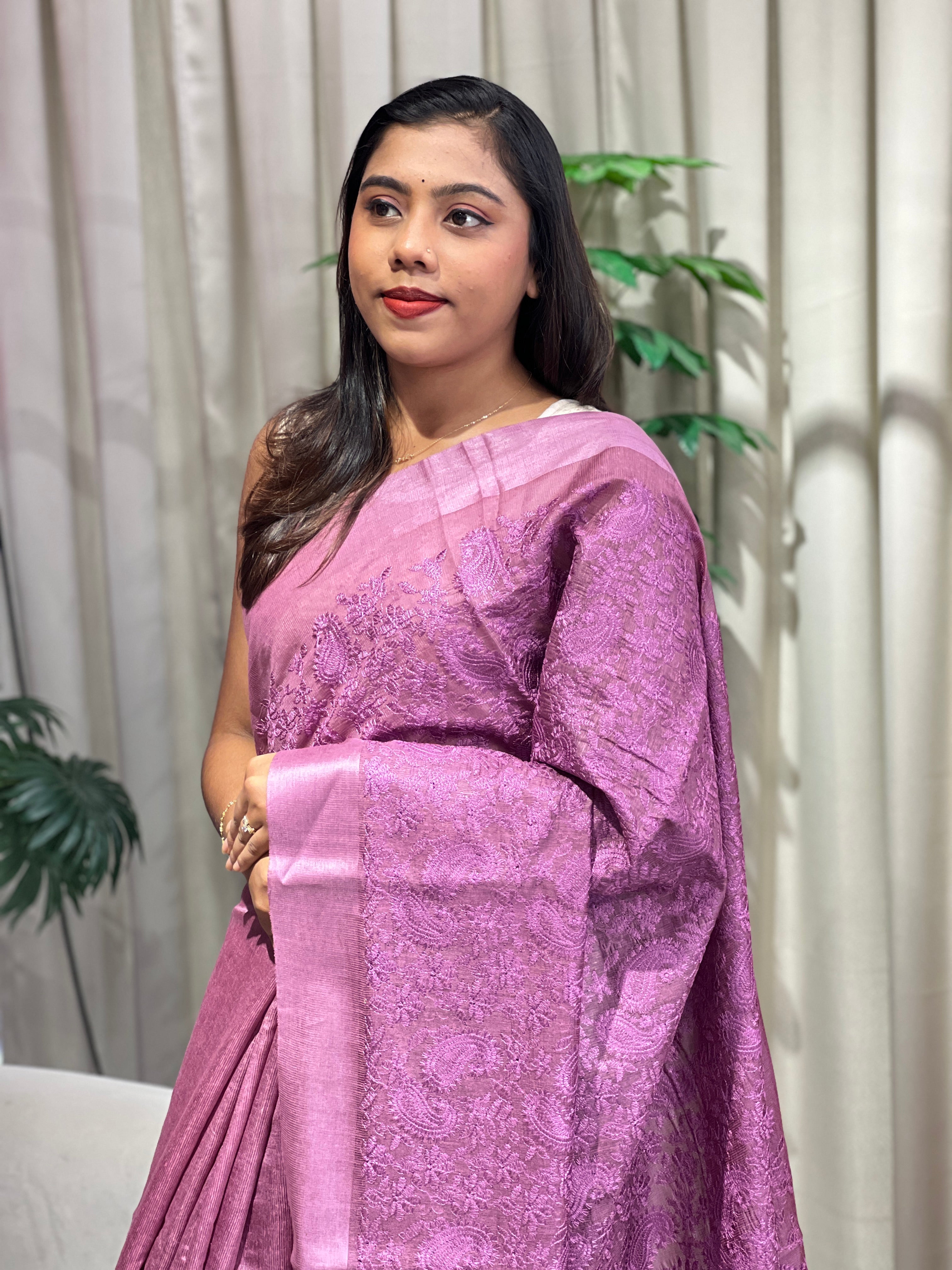 Paisley Embroidered Noil Tussar Saree | HS1408