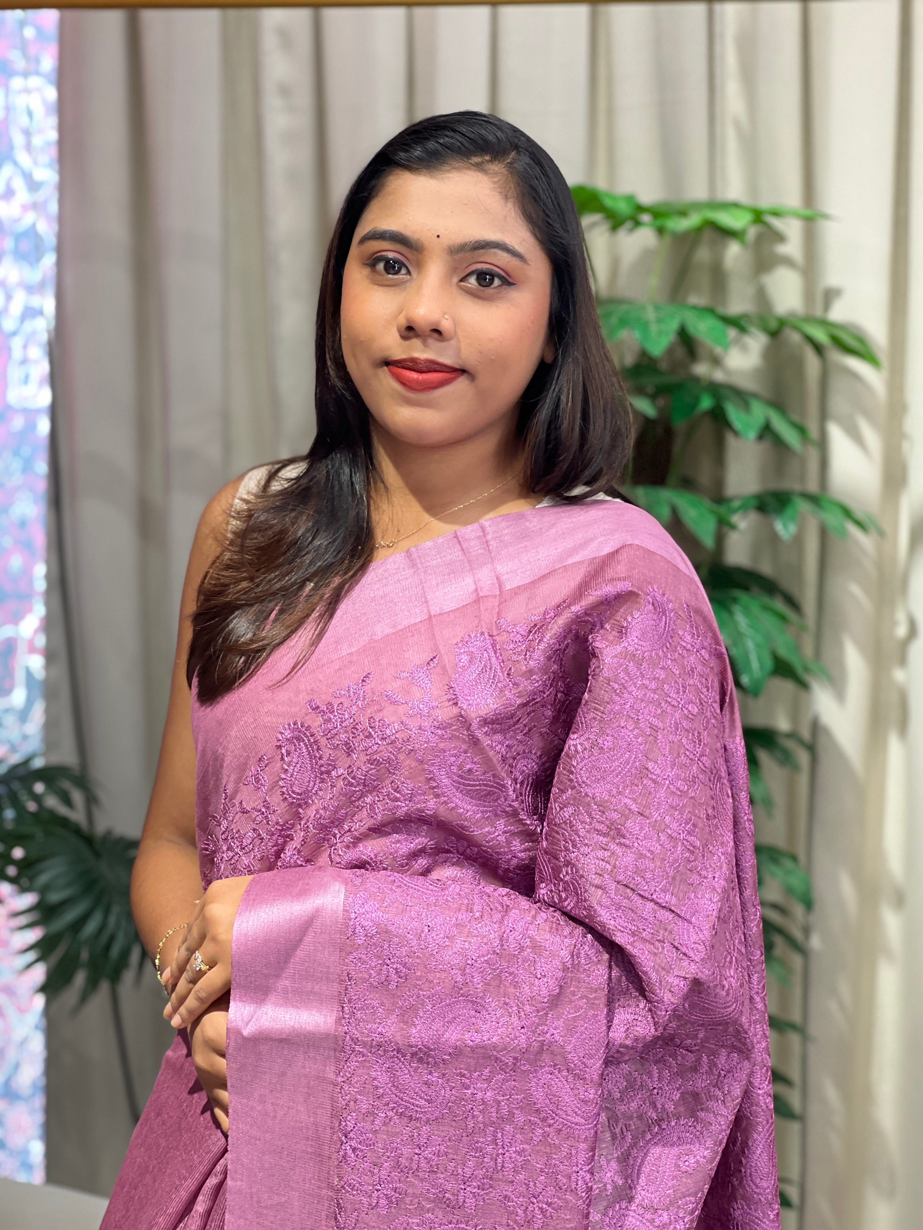Paisley Embroidered Noil Tussar Saree | HS1408