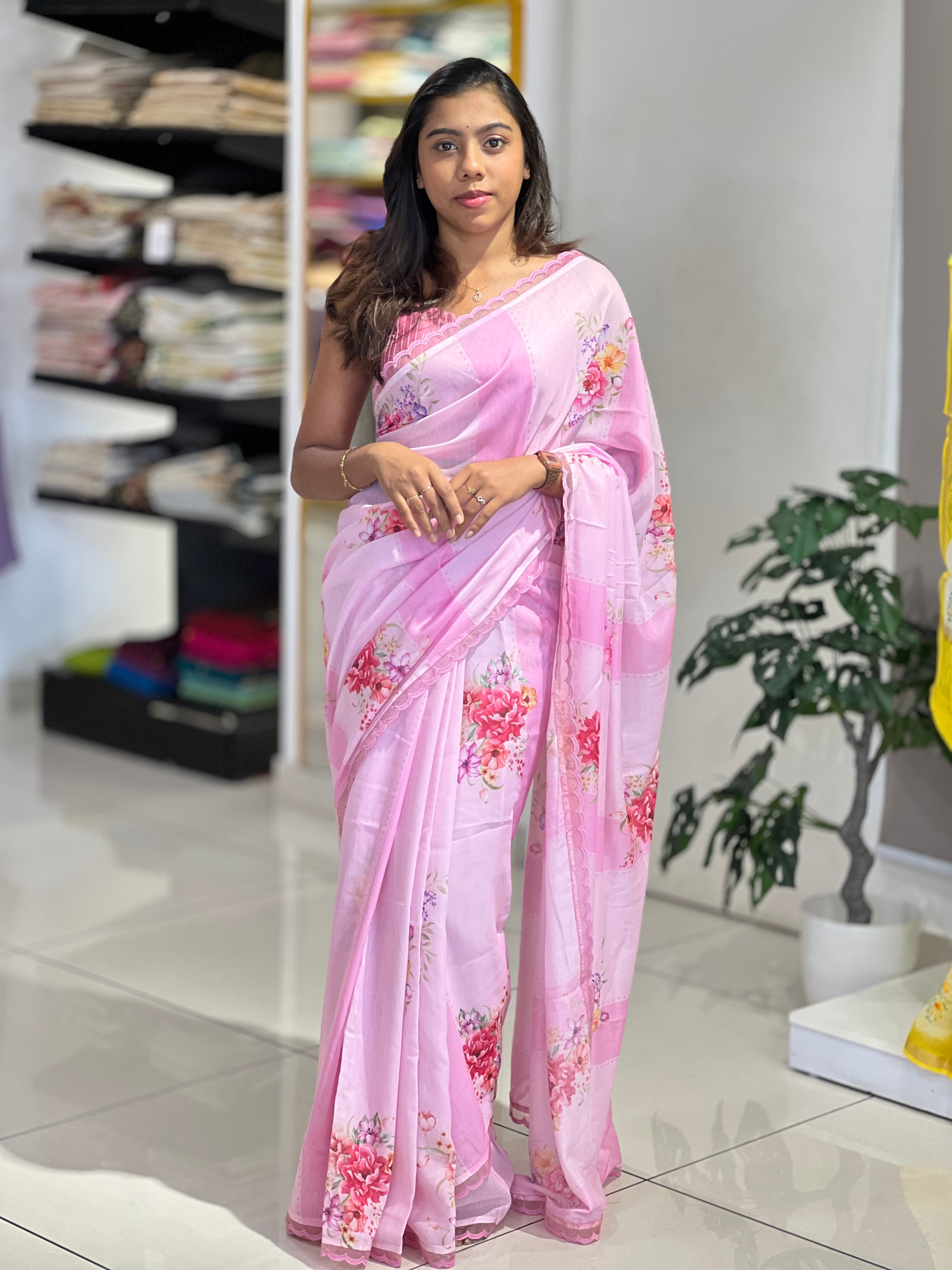 Floral Printed Semi Chanderi Saree | HT290