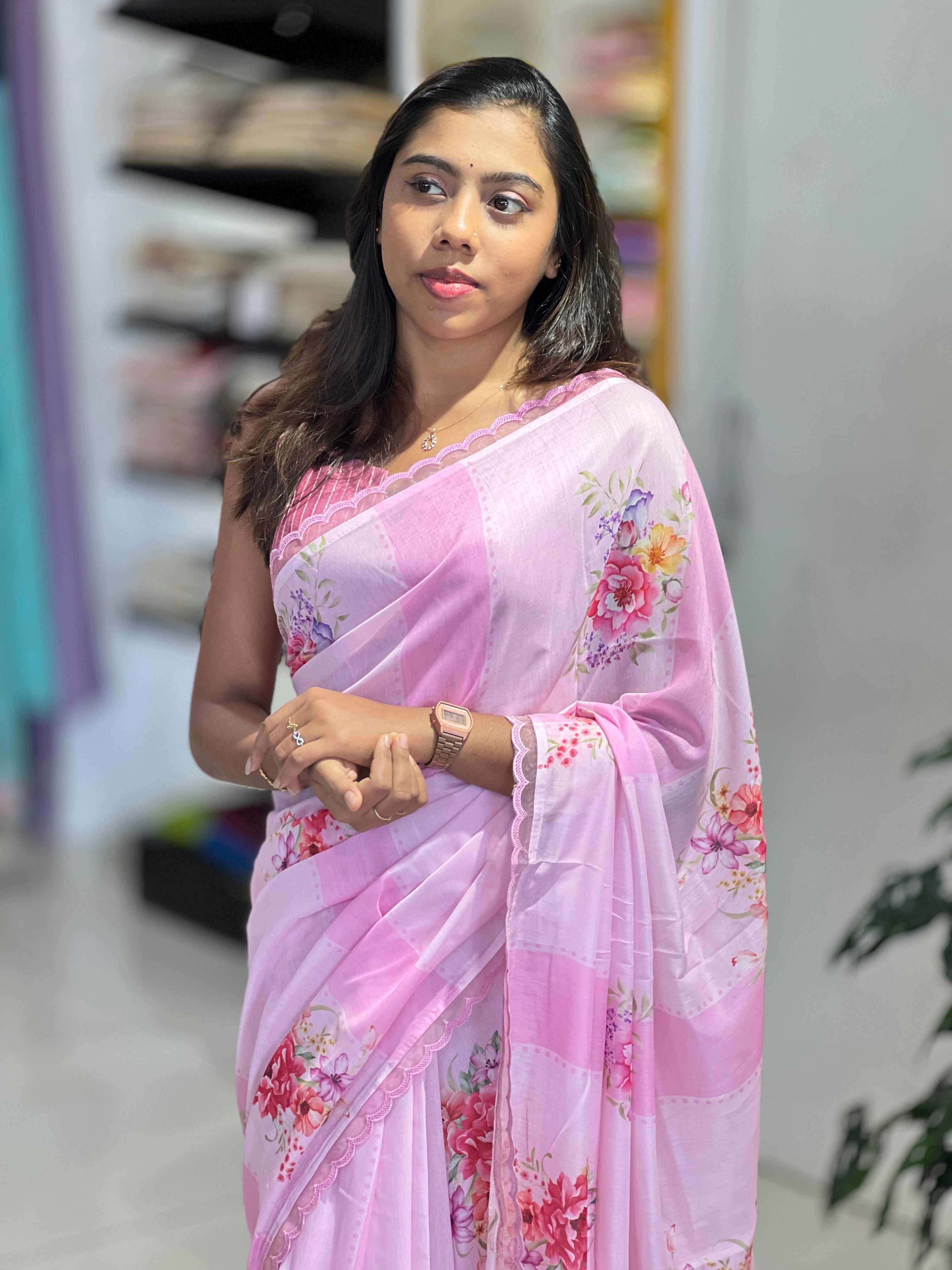 Floral Printed Semi Chanderi Saree | HT290