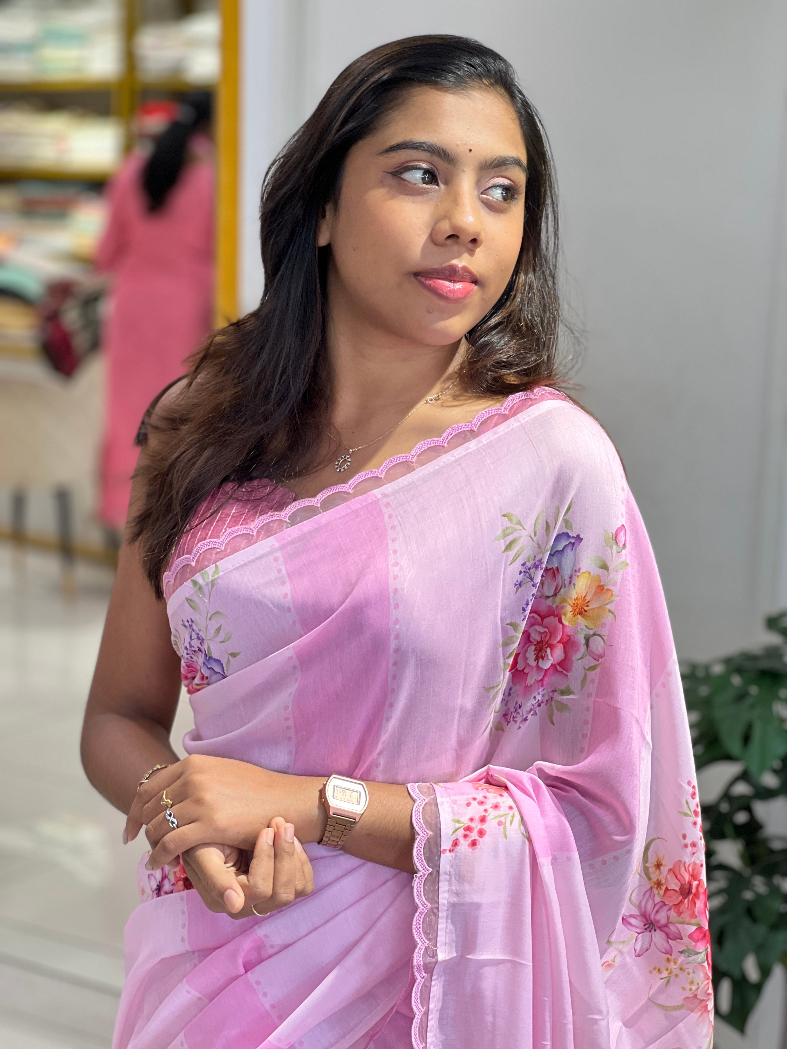 Floral Printed Semi Chanderi Saree | HT290