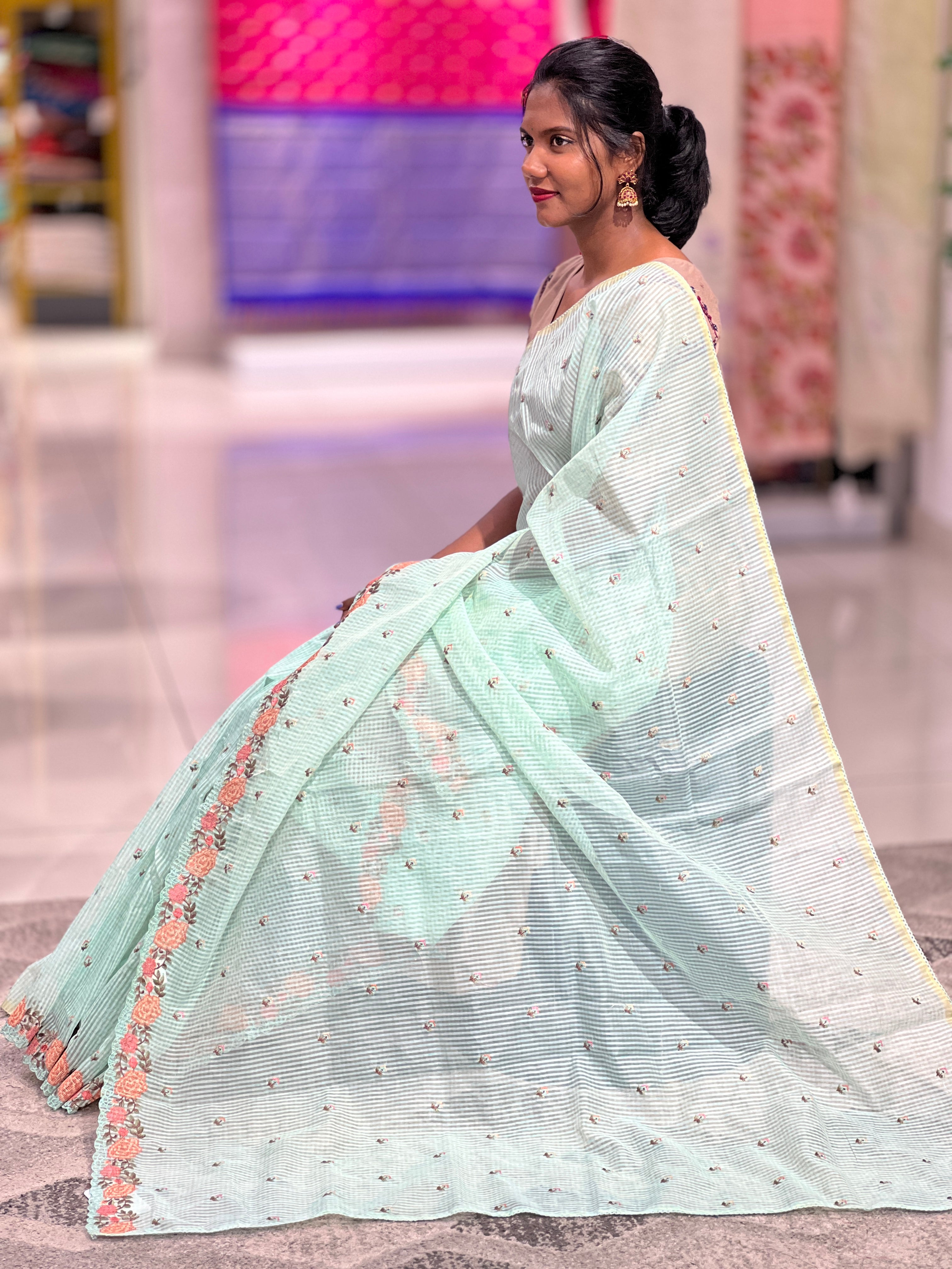 Embroidered Manipuri Check Organza Saree | RP734