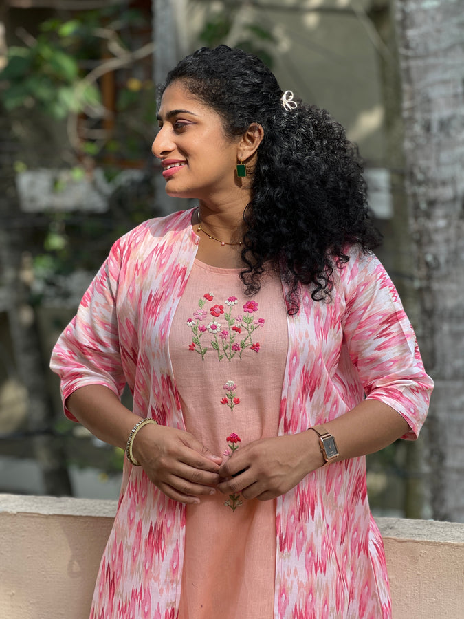 Jacket Patterned Embroidered Cotton Kurta Set|  OS335