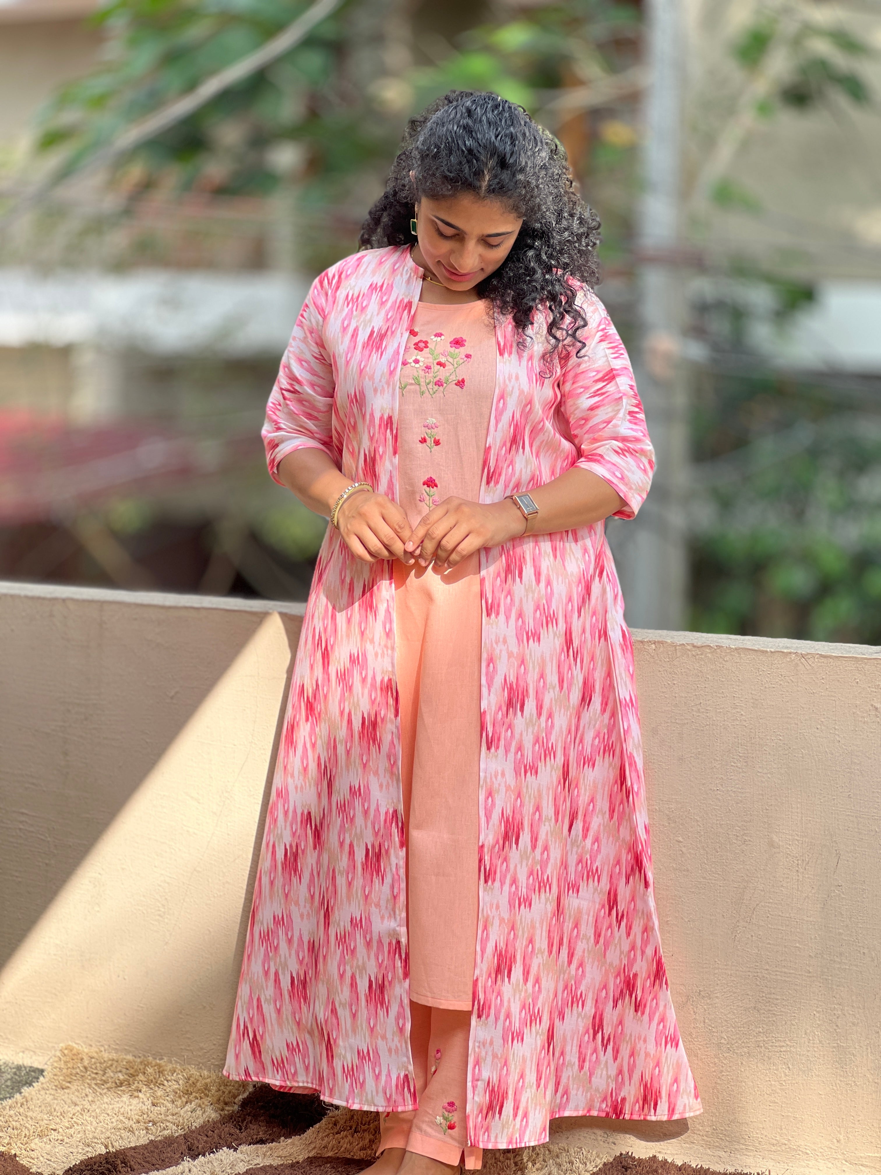 Jacket Patterned Embroidered Cotton Kurta Set|  OS335