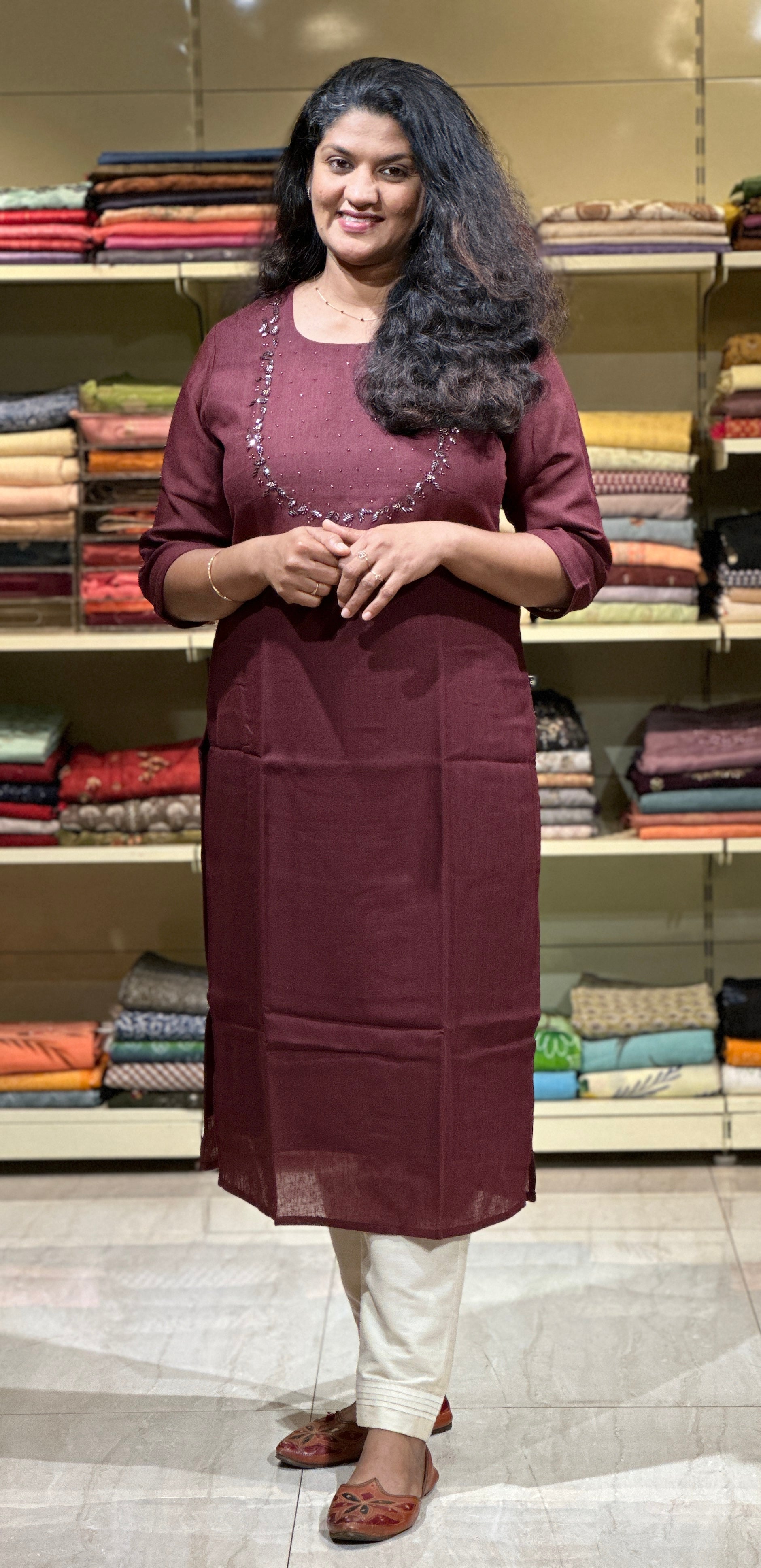 Hand Work Yoke Design Semi Linen Kurta | GHB108