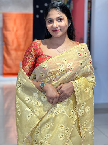Floral & Leaf Machine Embroidery Shimmer Organza Saree | BLD1451