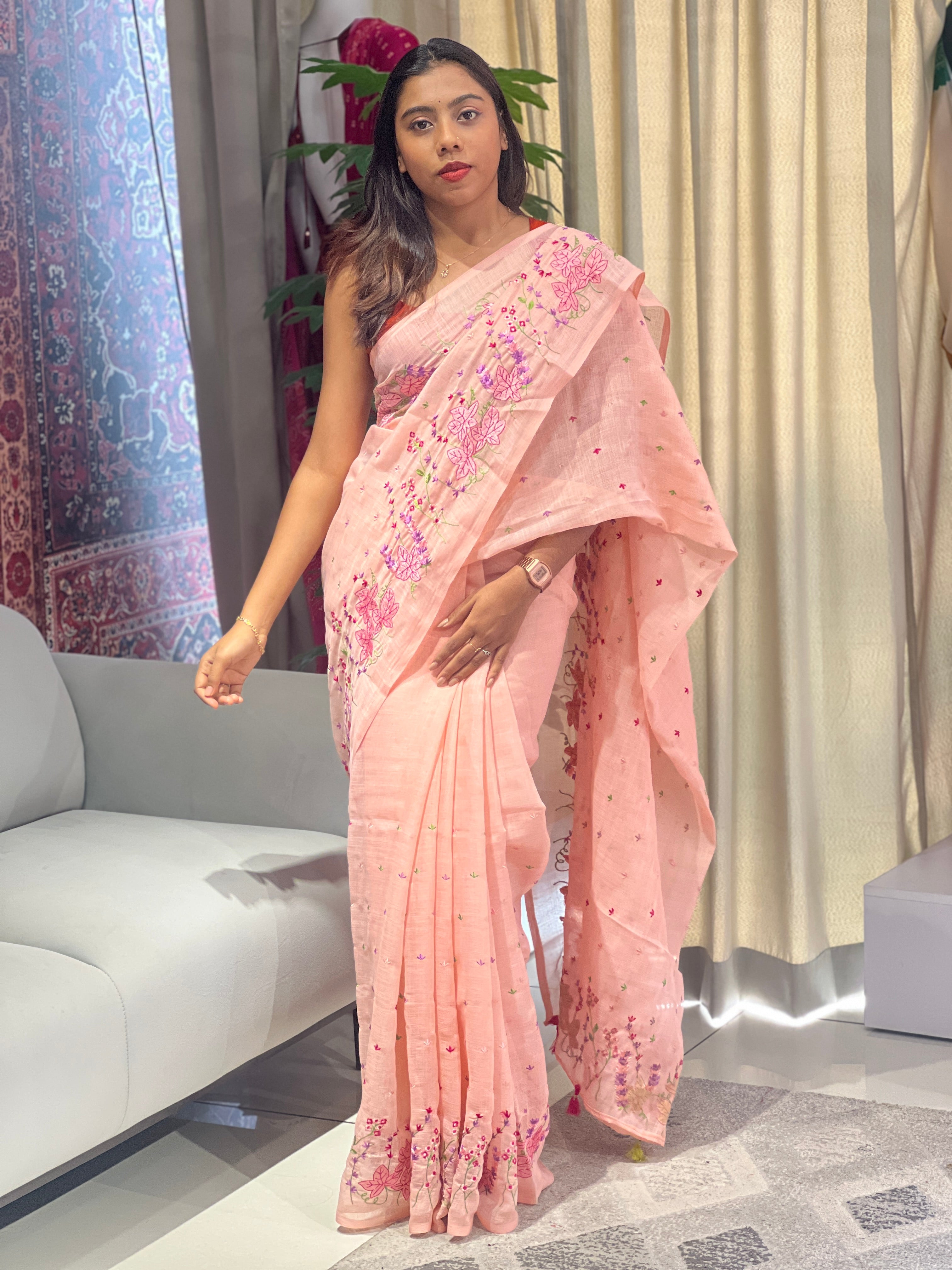 Floral Machine Embroidery Detailed Linen Cotton Saree | RP784